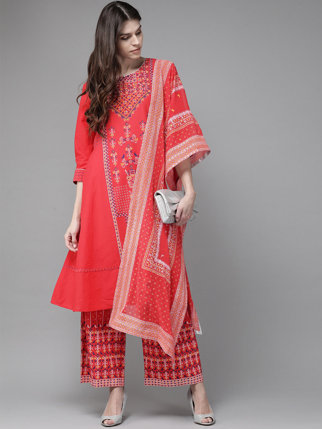 Red Geometric Printed Pure Cotton Kurta Palazzo & Georgette Dupatta Set