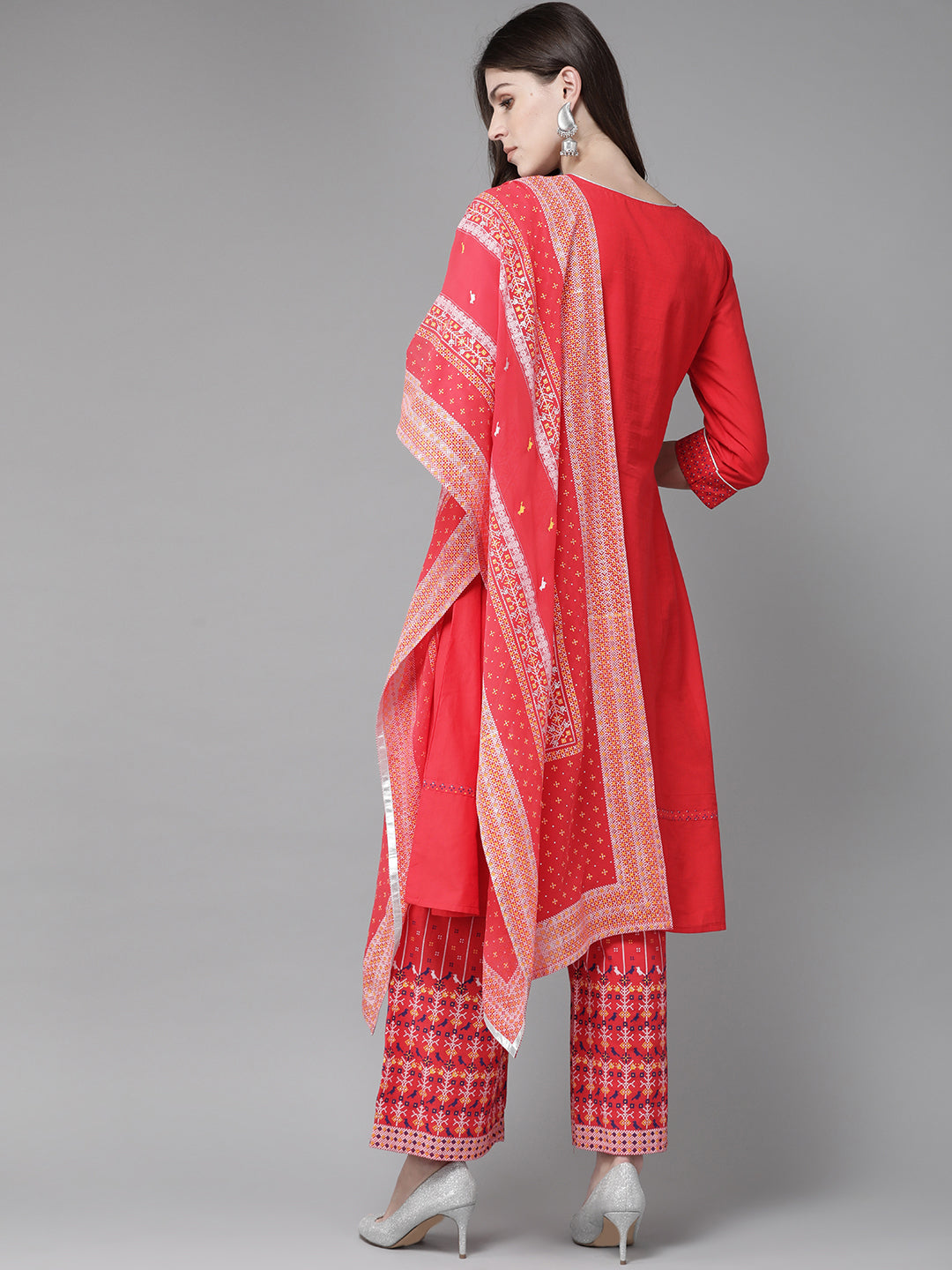 Red Geometric Printed Pure Cotton Kurta Palazzo & Georgette Dupatta Set