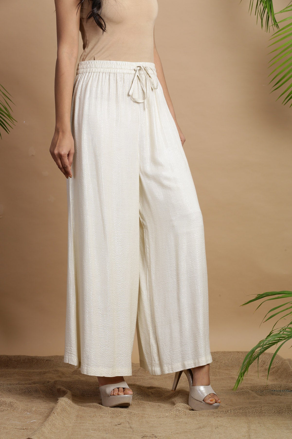 Juniper Ivory Rayon Lurex  Kalidar Flared Palazzo