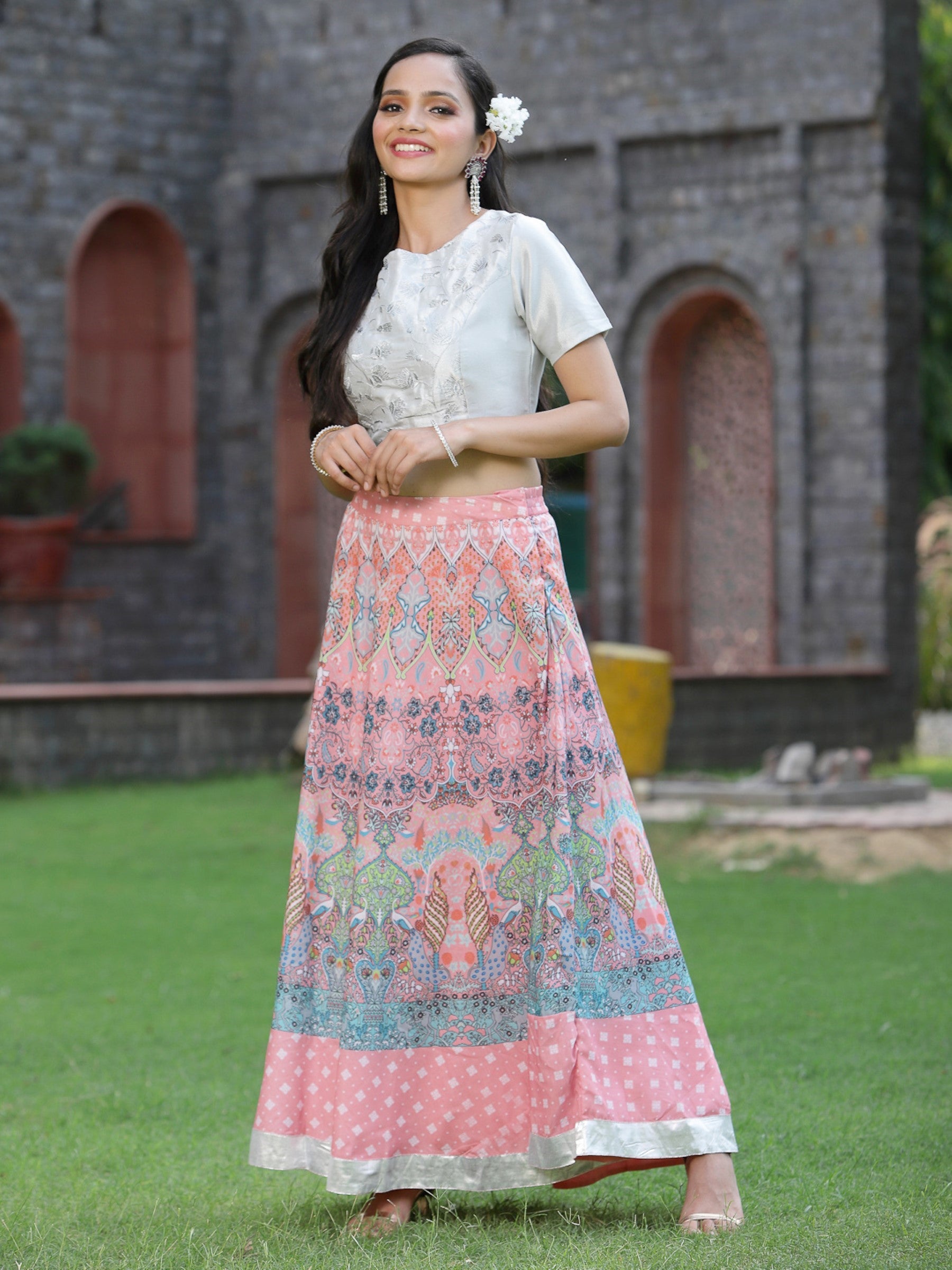 Juniper Silver Floral Printed Shimer Embroidered Blouse With Zari Work