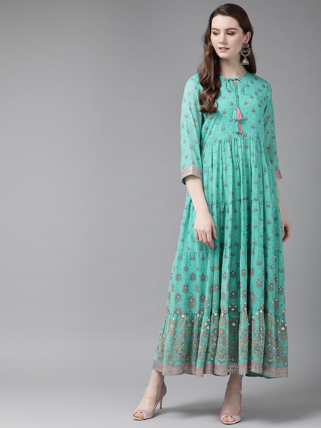 Juniper Mint Georgette Printed Tiered Dress