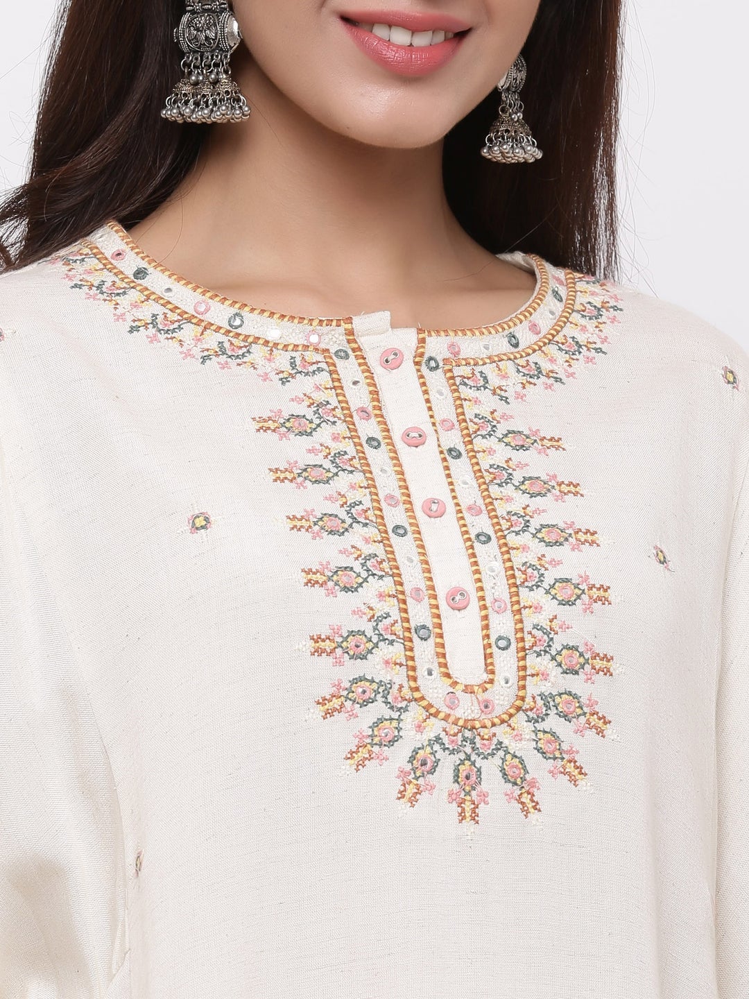 Juniper Off-White Thread Embroidered Rayon Flex Tunic
