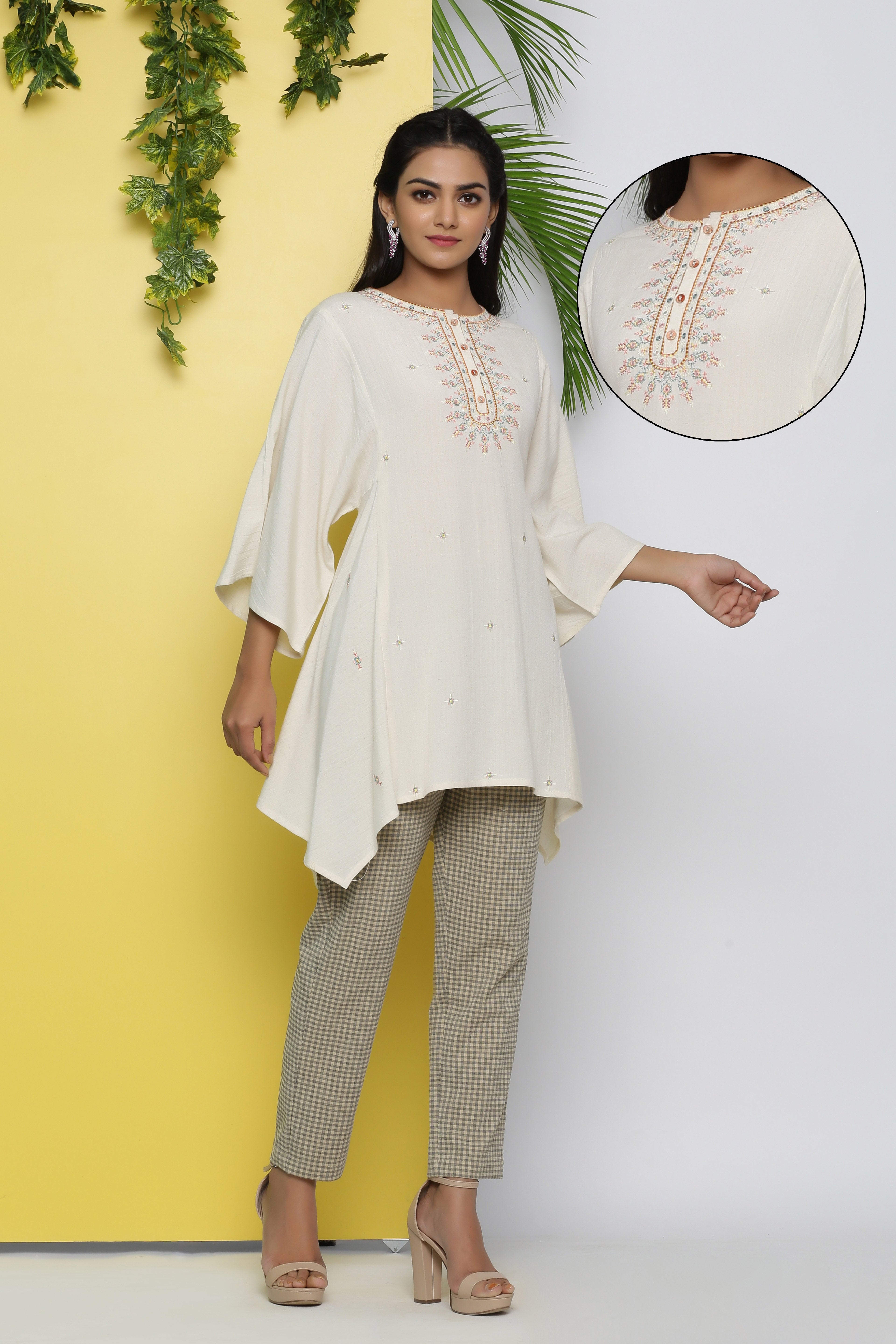 Juniper Off-White Thread Embroidered Rayon Flex Tunic