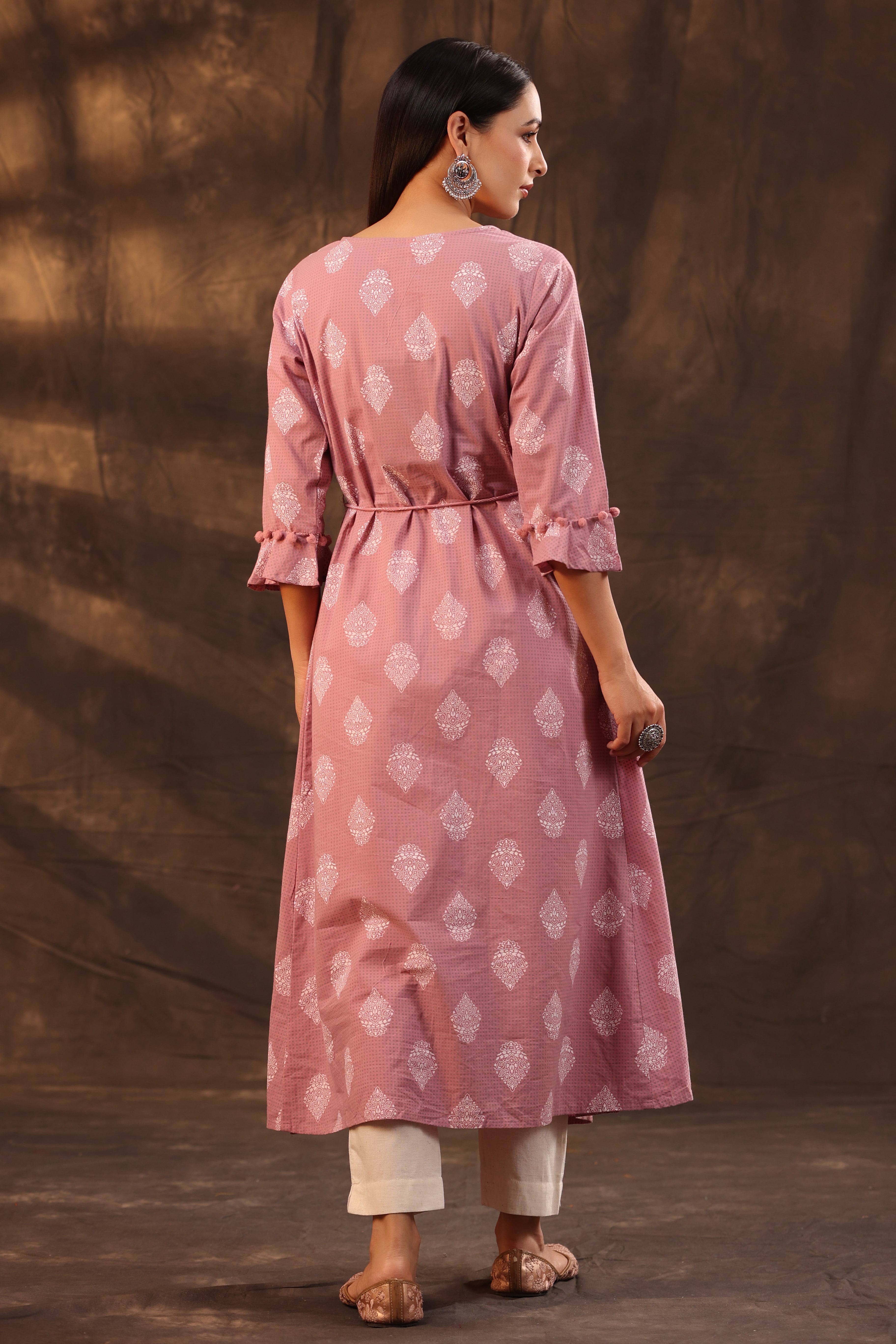 Juniper Powder Pink Ethnic Motif Printed Pure Cotton Jacket Style Women Kurta