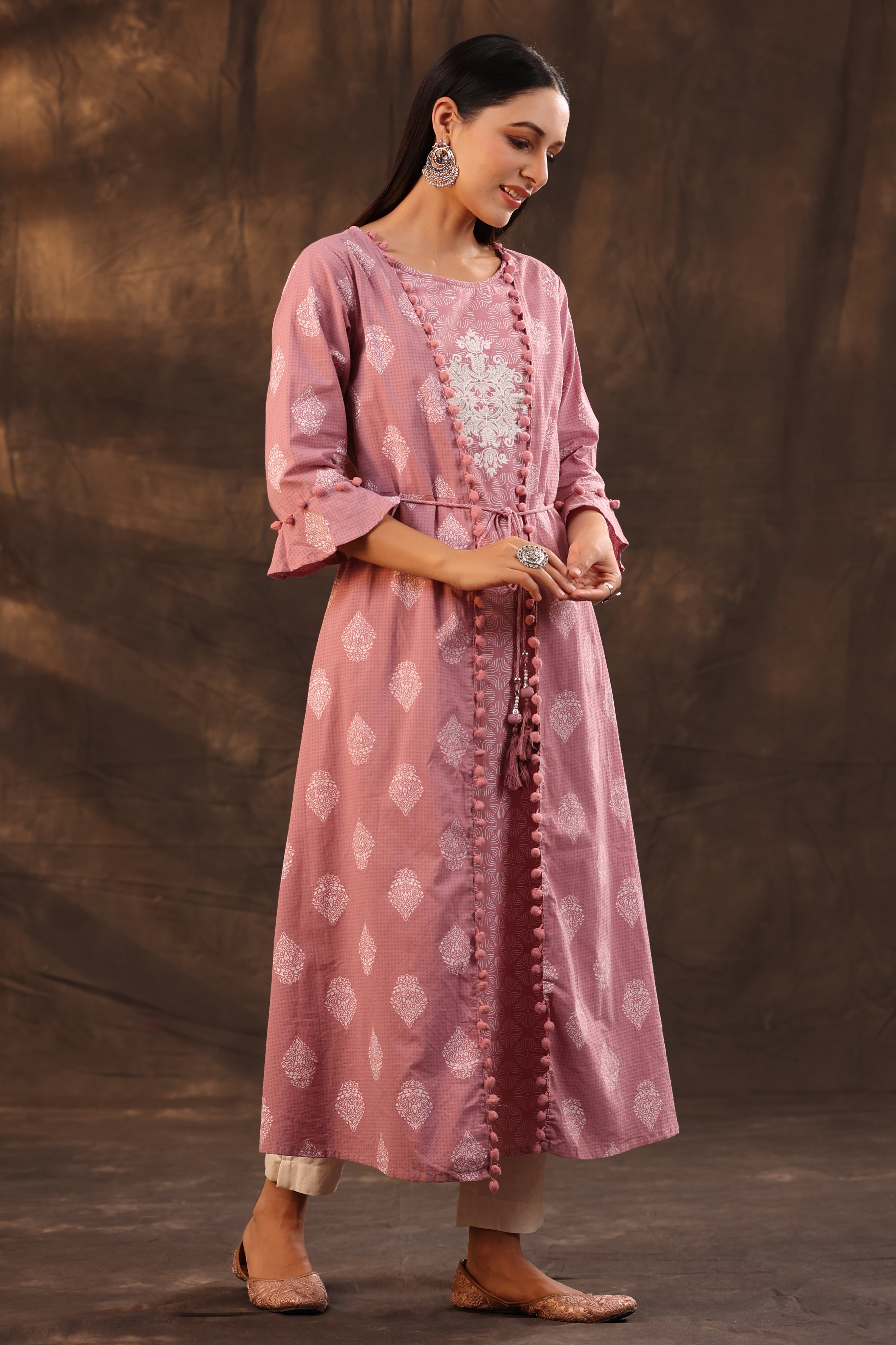 Juniper Powder Pink Ethnic Motif Printed Pure Cotton Jacket Style Women Kurta