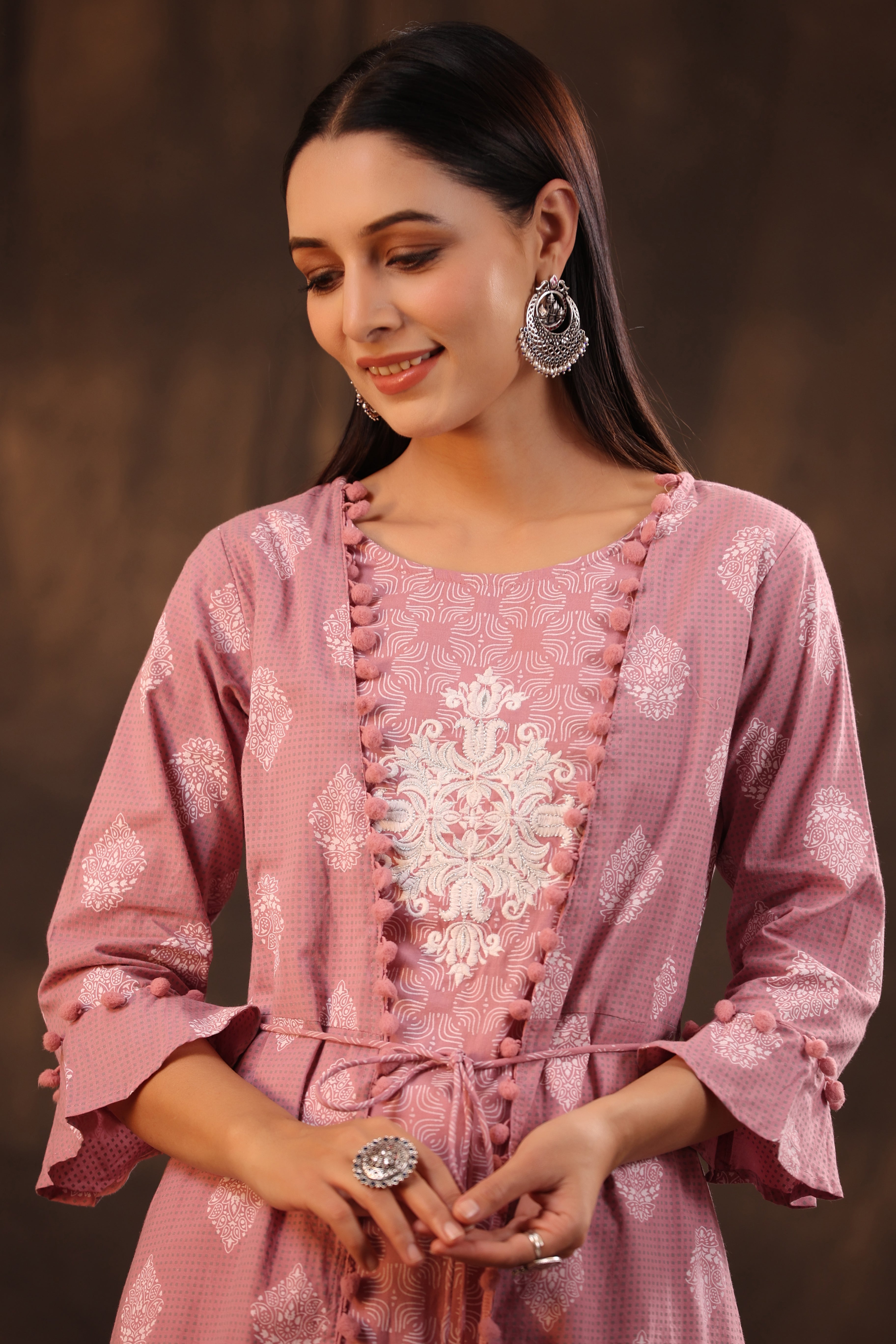 Juniper Powder Pink Ethnic Motif Printed Pure Cotton Jacket Style Women Kurta
