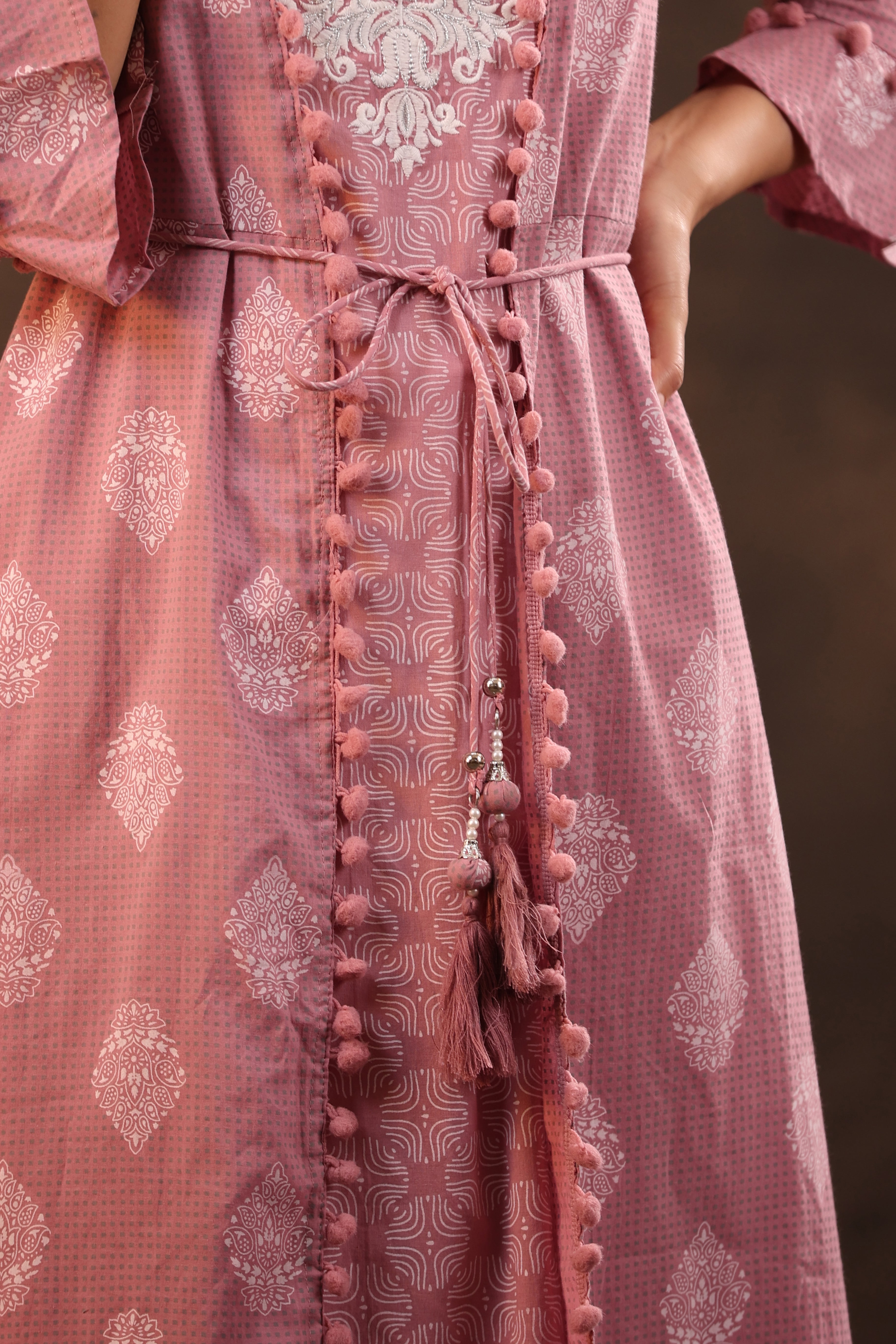 Juniper Powder Pink Ethnic Motif Printed Pure Cotton Jacket Style Women Kurta