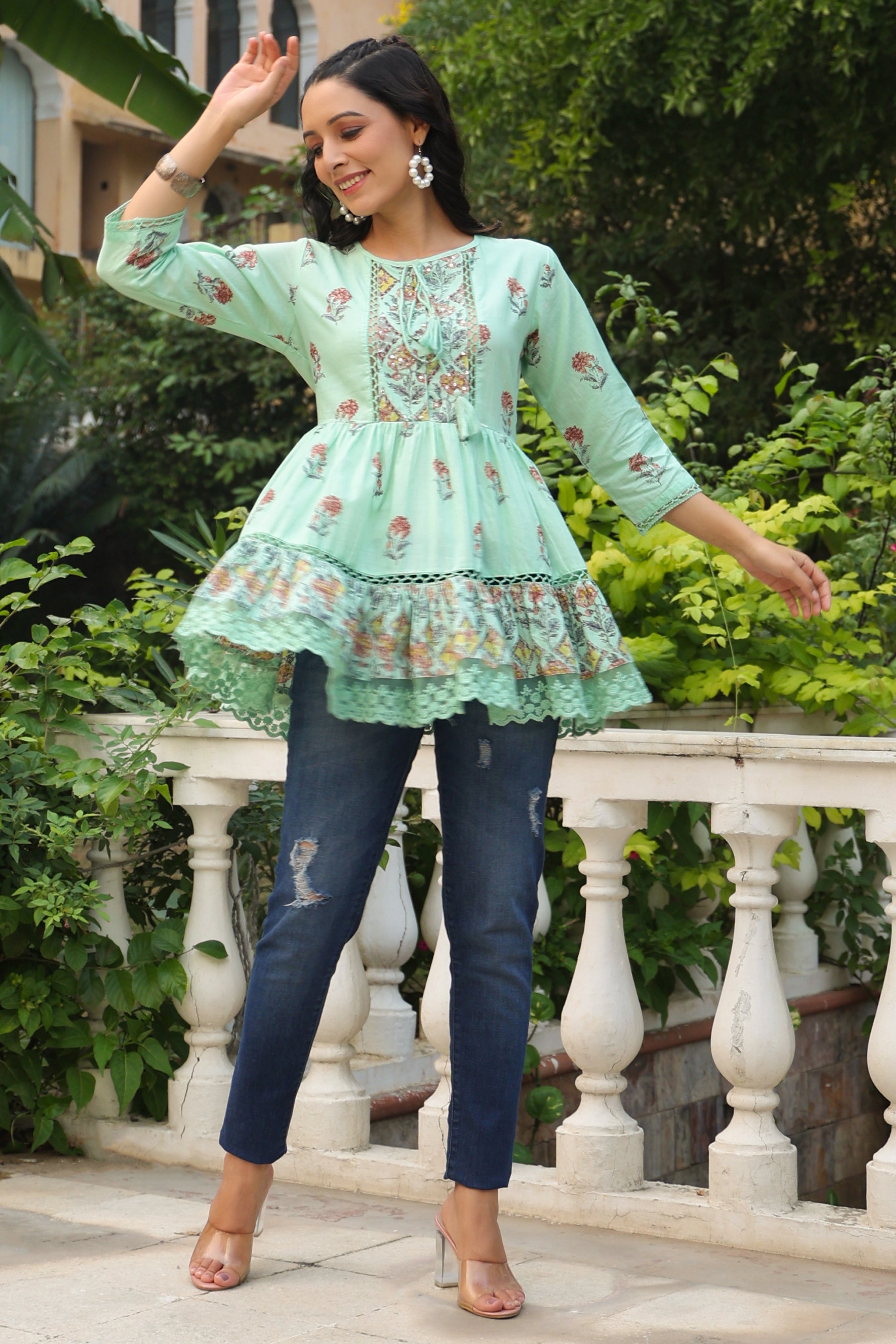 Pista Green Floral Printed Cotton Peplum Tunic with Lace - Juniper