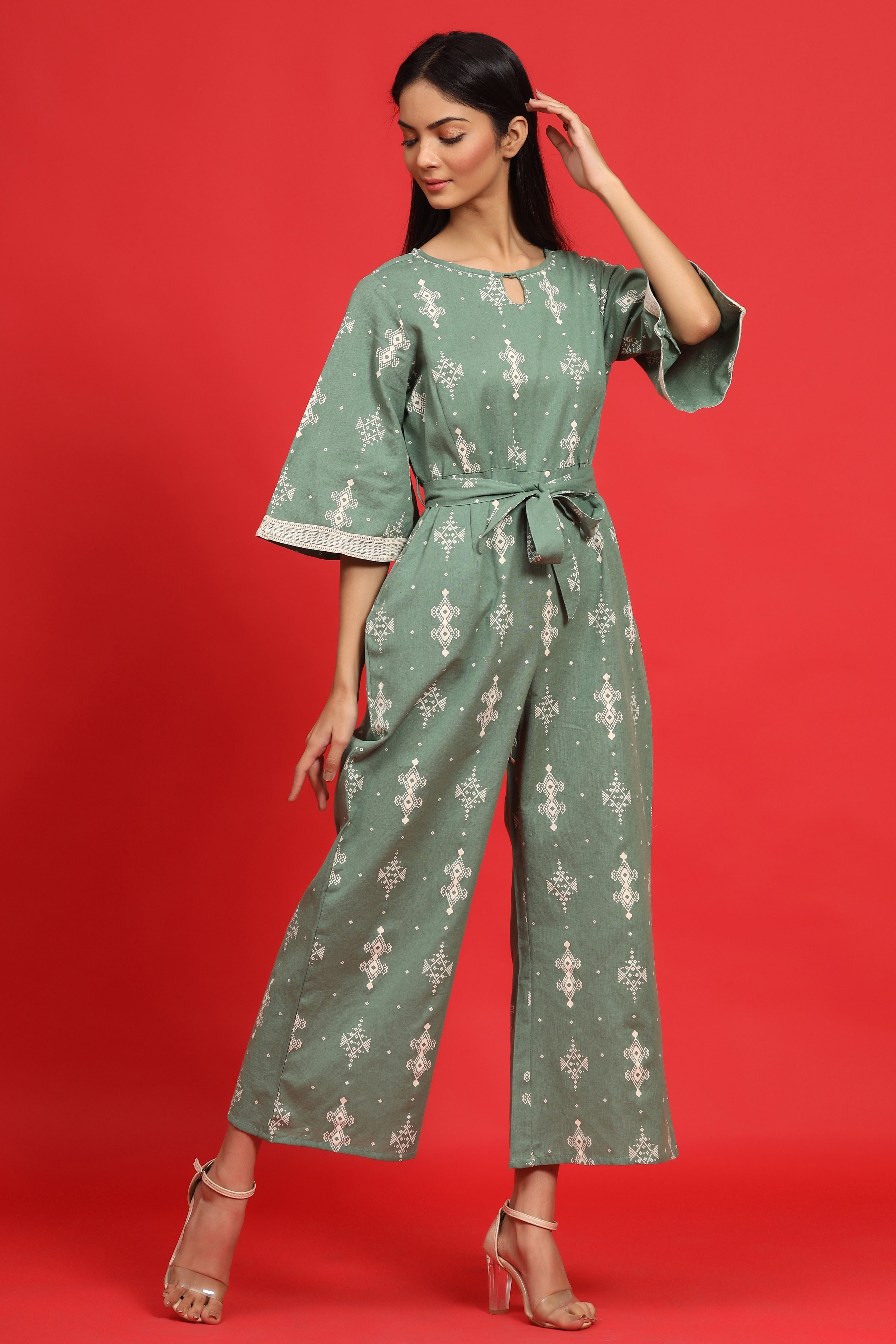 Juniper Sage Green Geometric Printed Cotton Flex Jumpsuit With Zip Closure