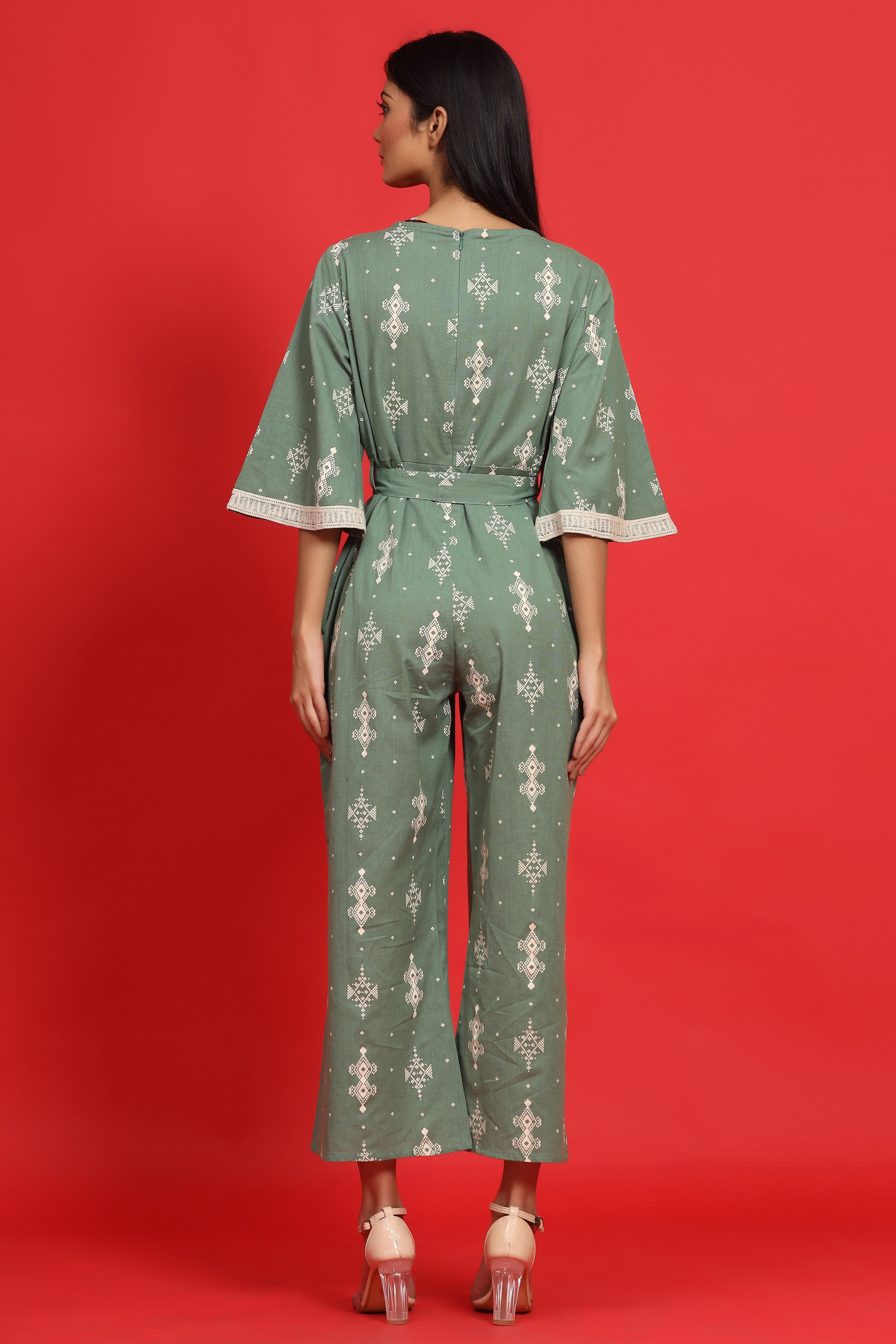 Juniper Sage Green Geometric Printed Cotton Flex Jumpsuit With Zip Closure