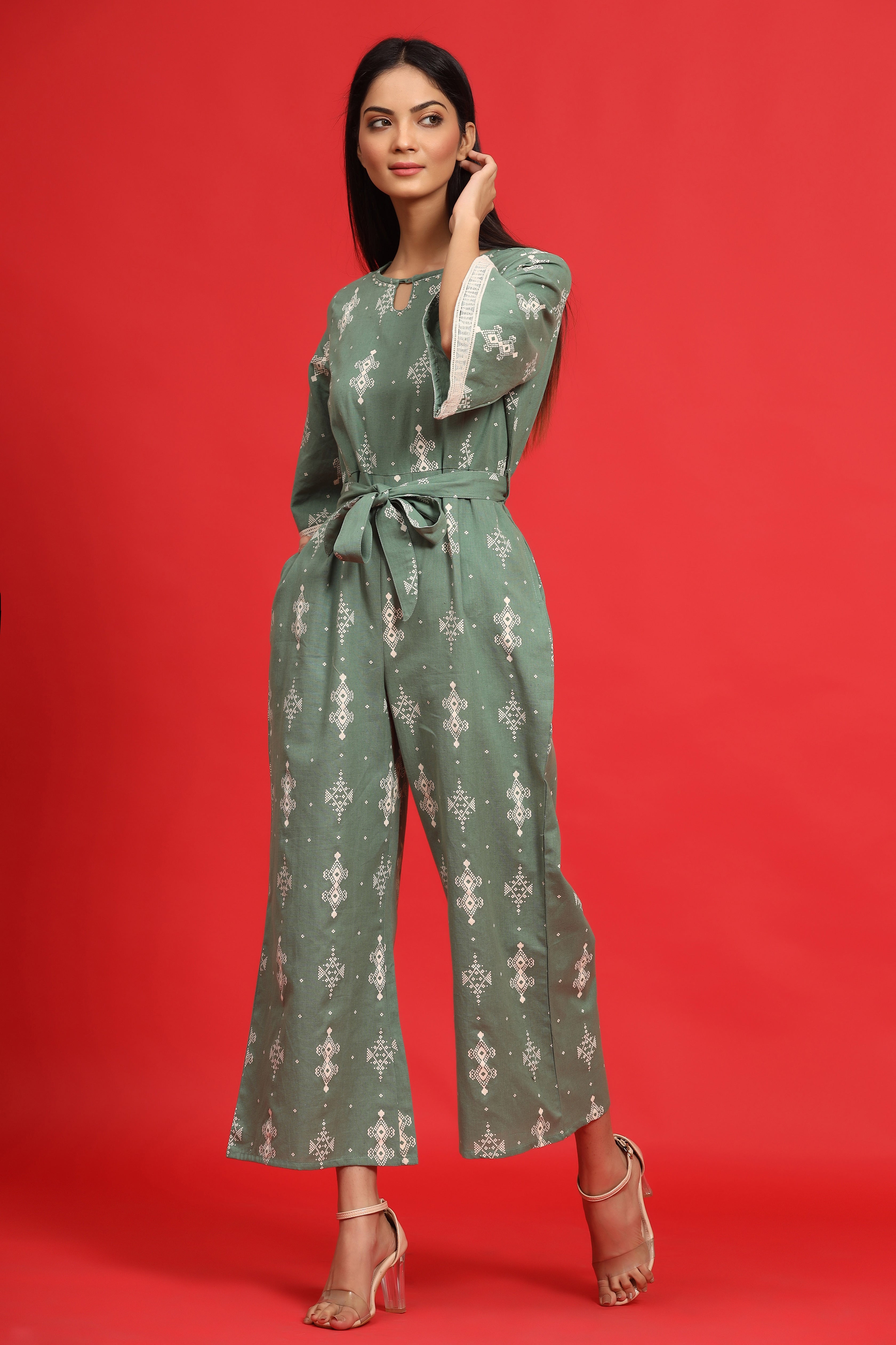 Juniper Sage Green Geometric Printed Cotton Flex Jumpsuit With Zip Closure