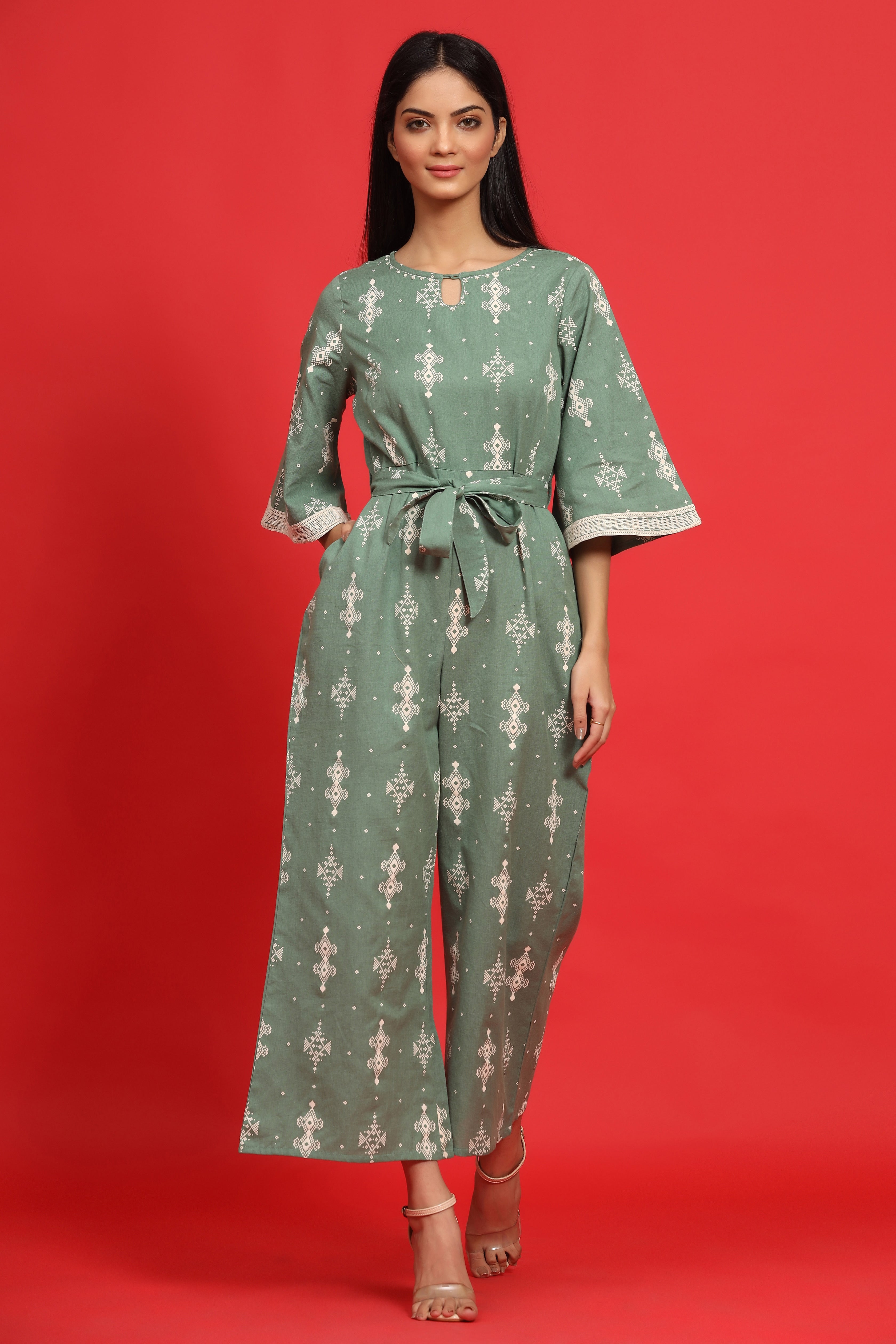 Juniper Sage Green Geometric Printed Cotton Flex Jumpsuit With Zip Closure
