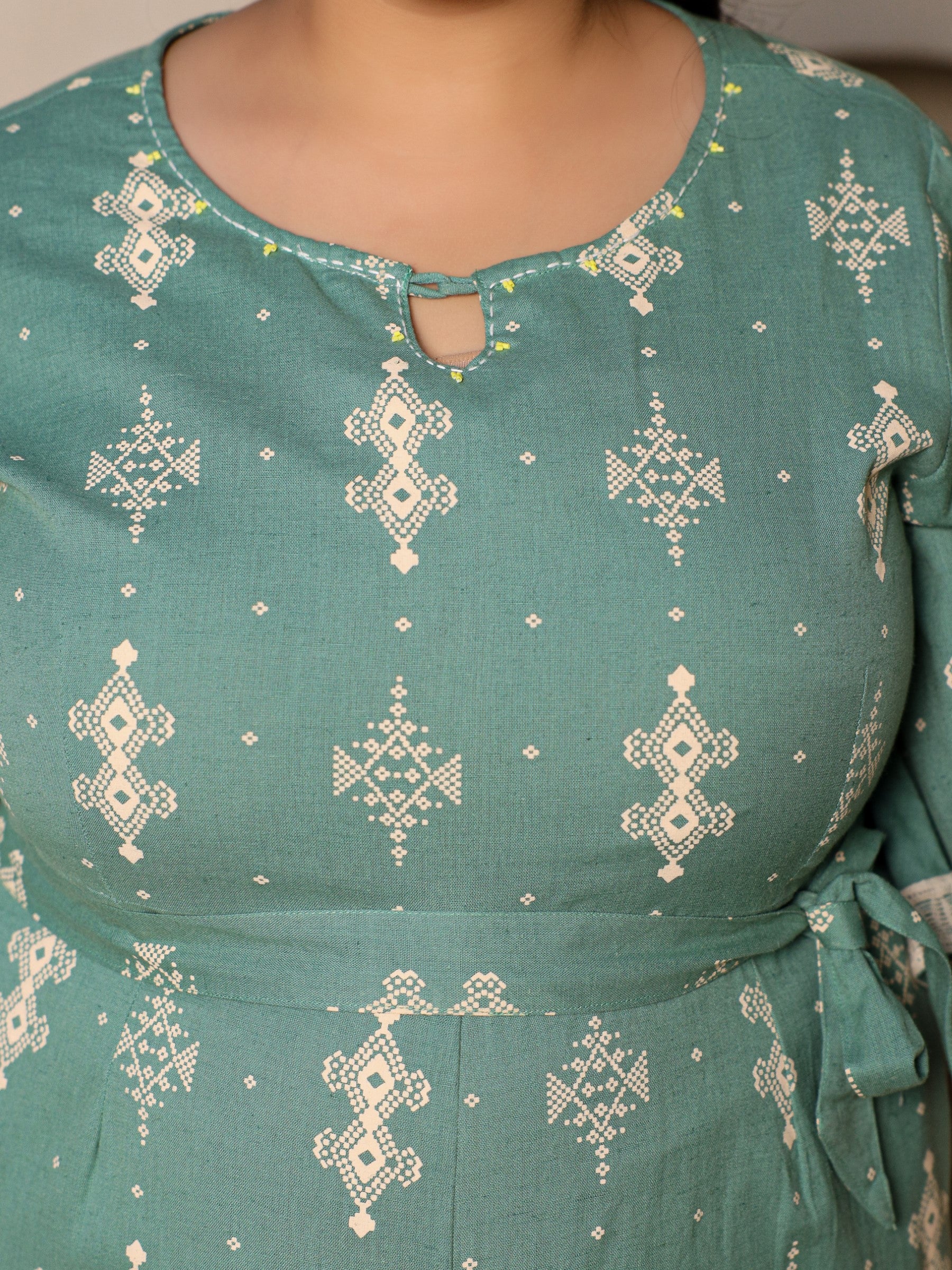 Juniper Sage Green Geometric Printed Cotton Flex Jumpsuit With Zip Closure