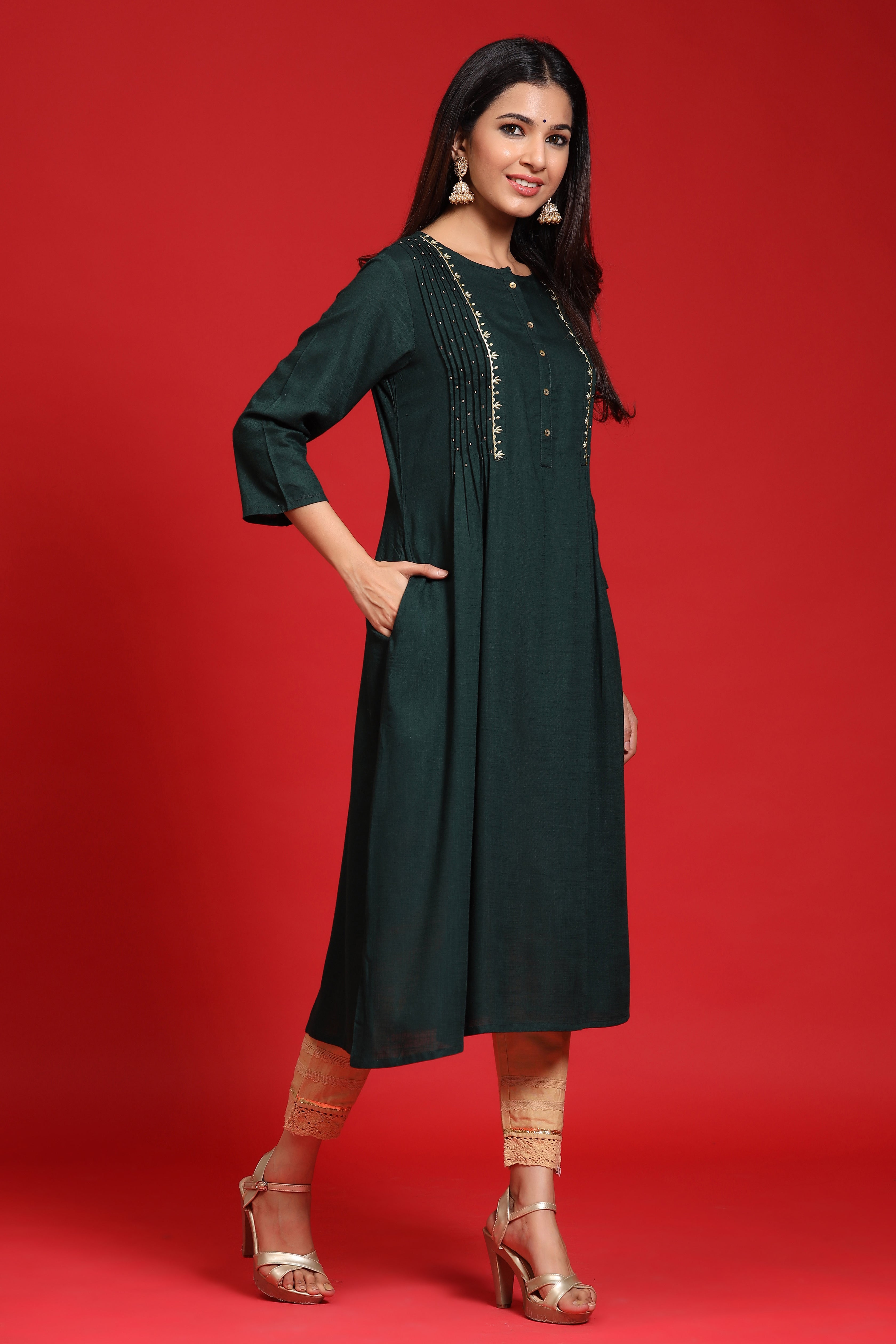 Juniper Jadegreen LIVA Rayon Embroidered A-Line Kurta