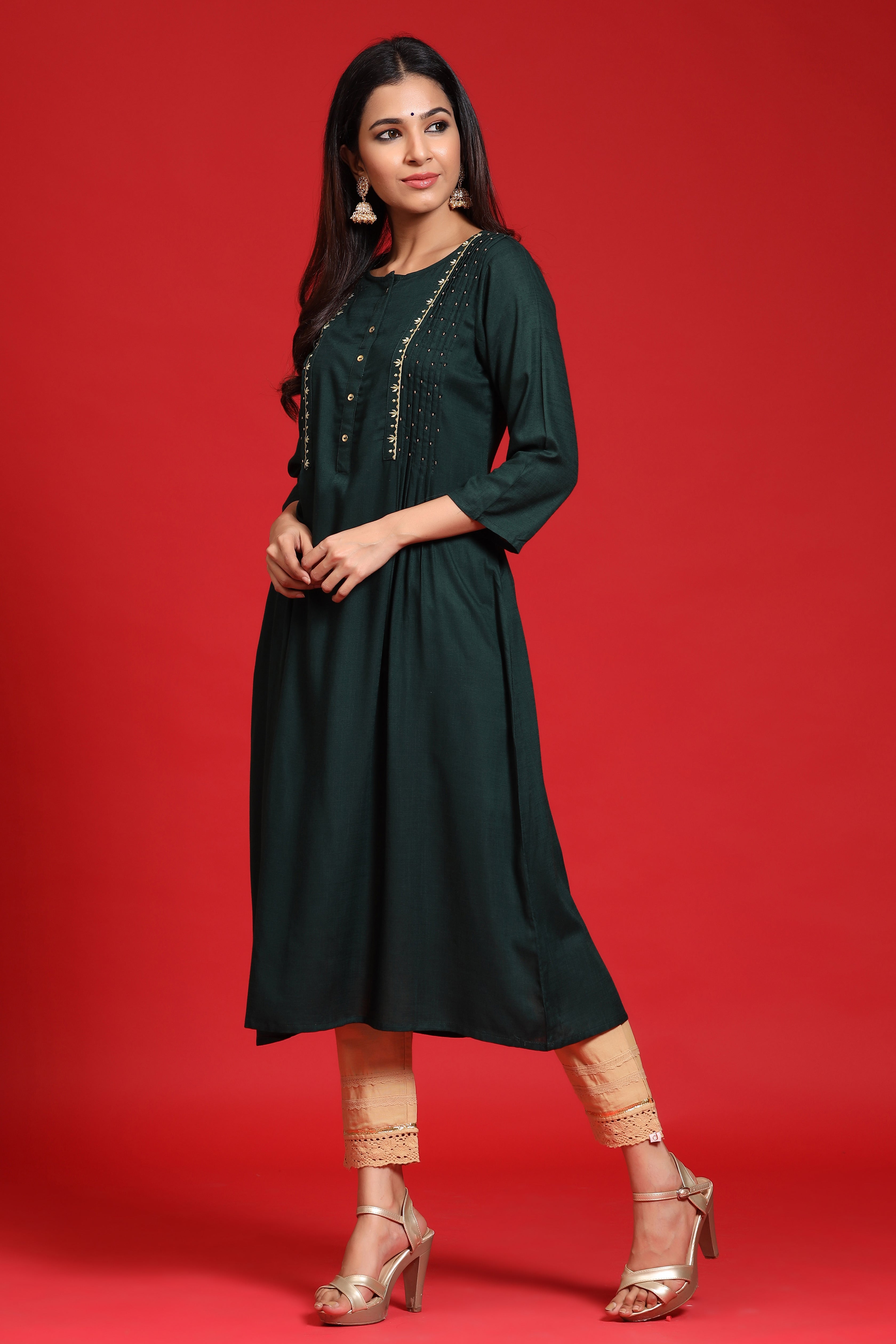 Juniper Jadegreen LIVA Rayon Embroidered A-Line Kurta