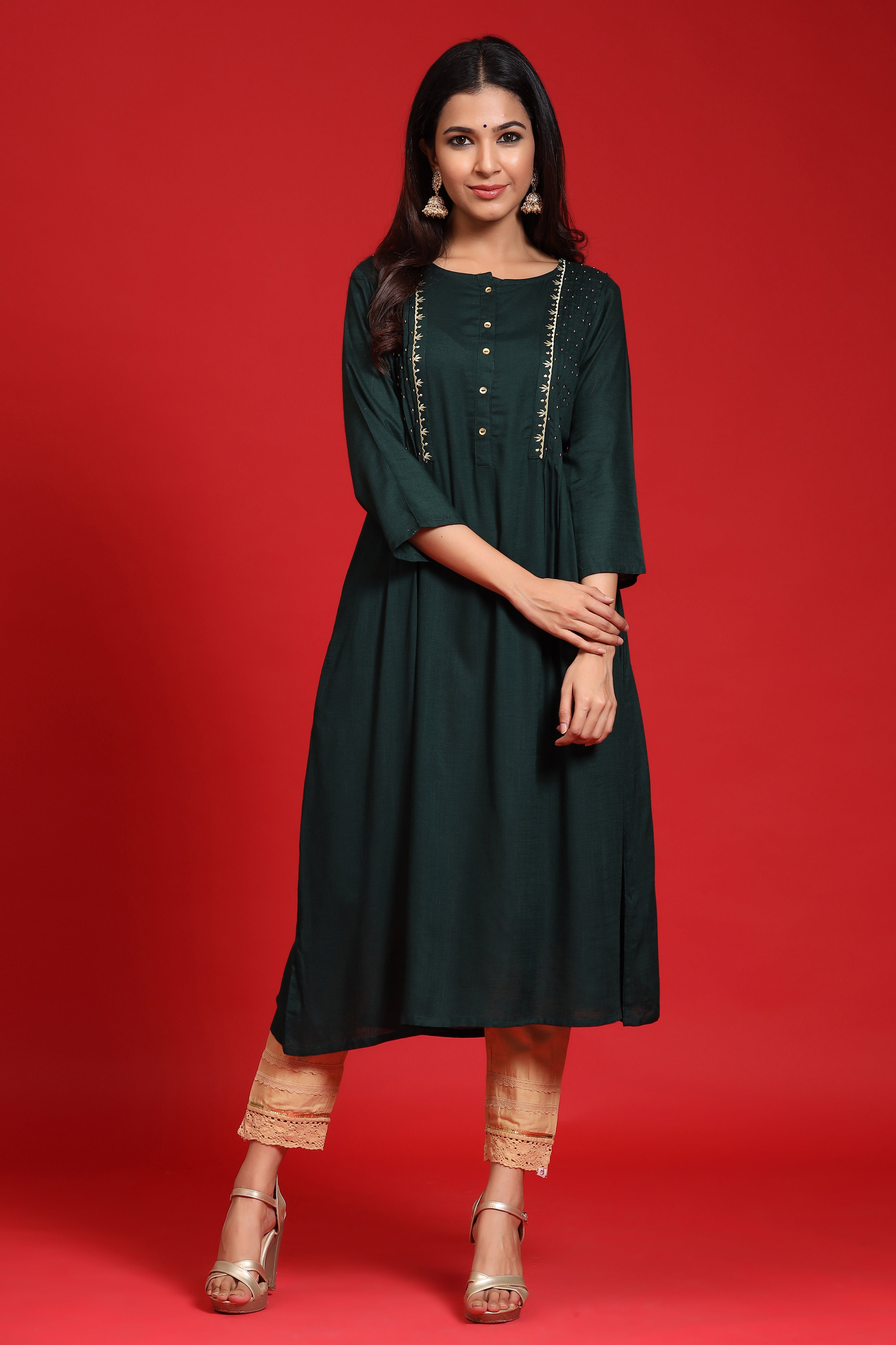 Juniper Jadegreen LIVA Rayon Embroidered A-Line Kurta