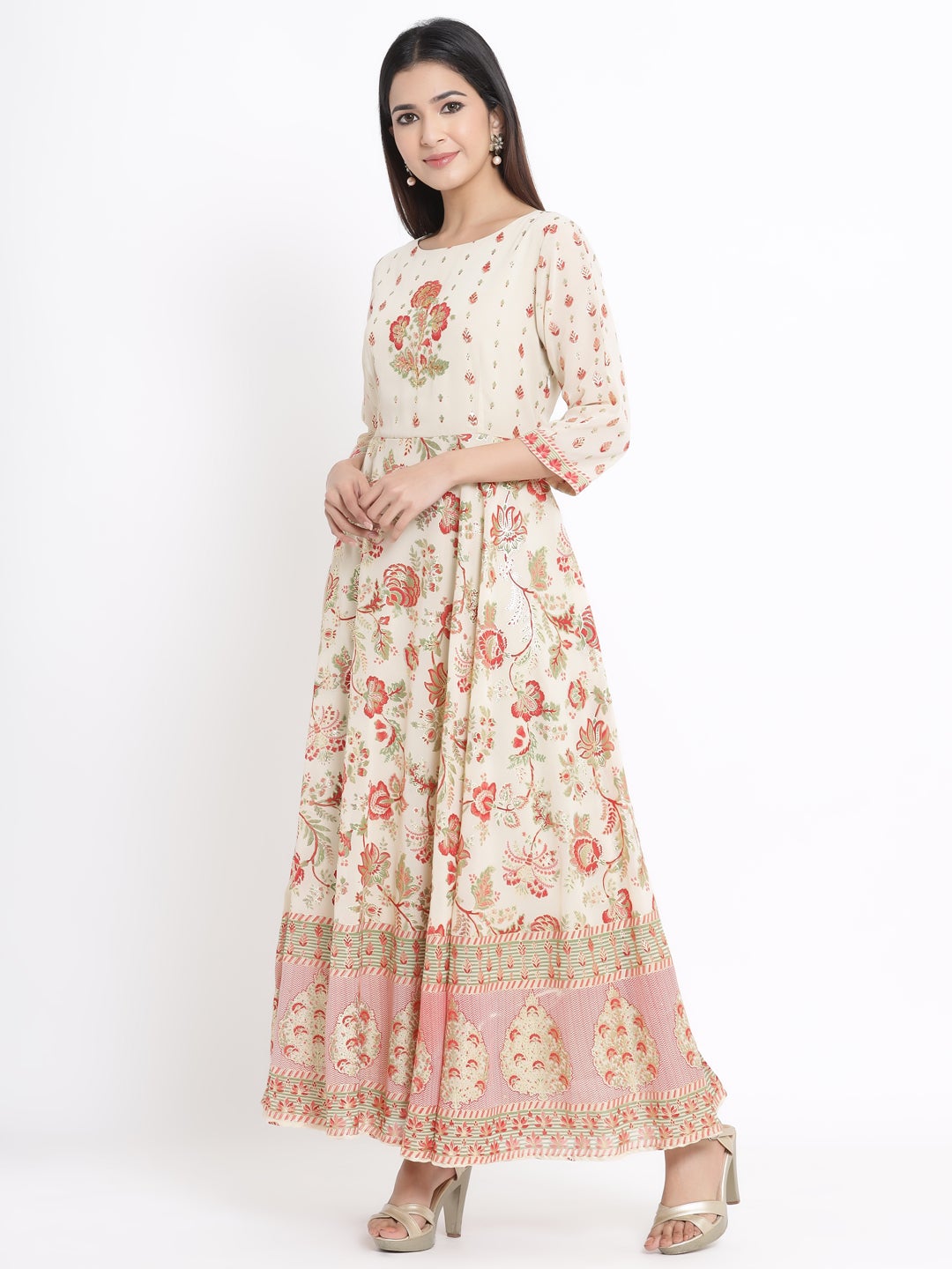 Juniper Ivory Georgette Printed Flared Dress With Hair-Band