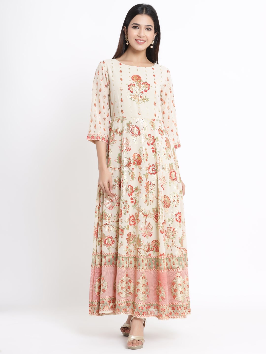 Juniper Ivory Georgette Printed Flared Dress With Hair-Band