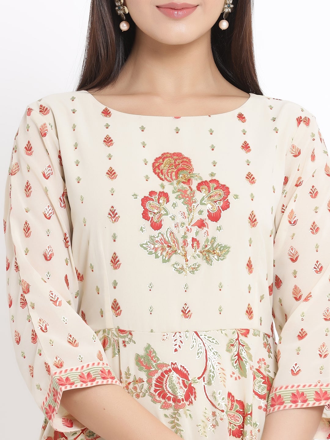 Juniper Ivory Georgette Printed Flared Dress With Hair-Band