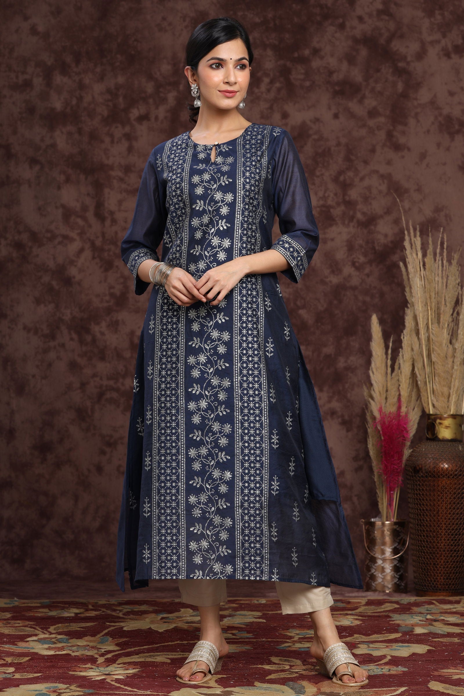 Indigo Floral Printed Chanderi A-line Kurta 