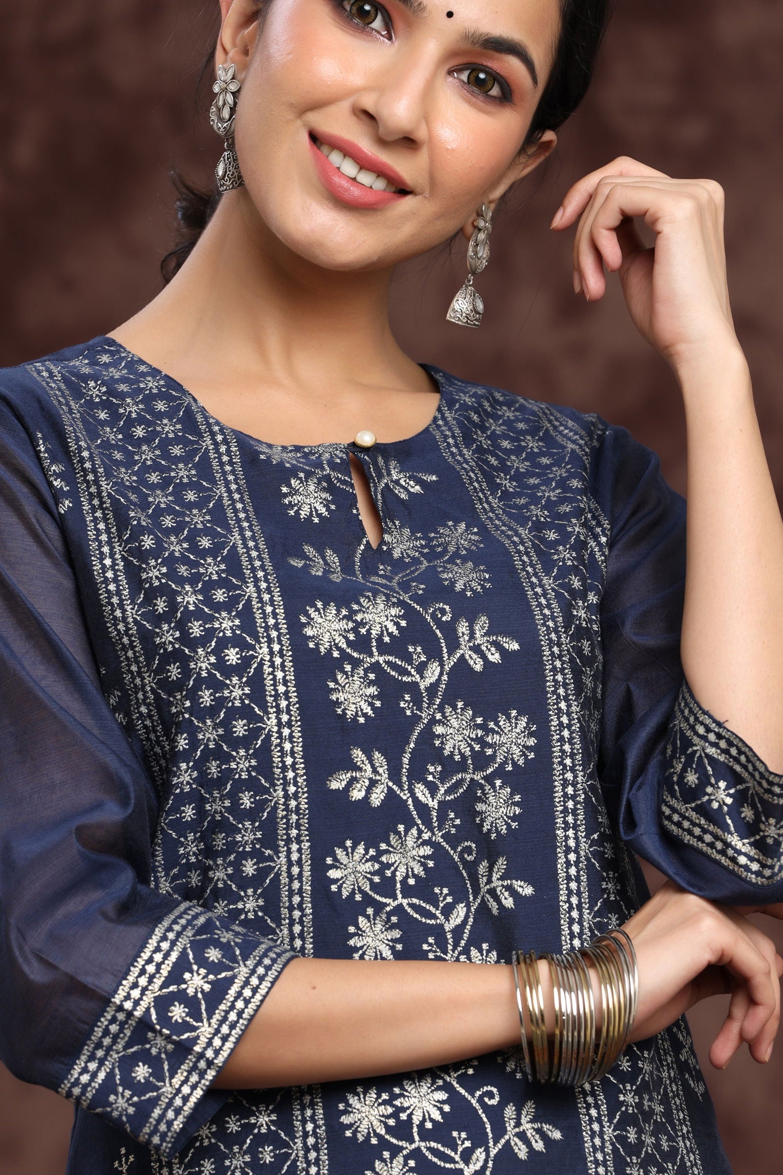 Indigo Floral Printed Chanderi A-line Kurta 