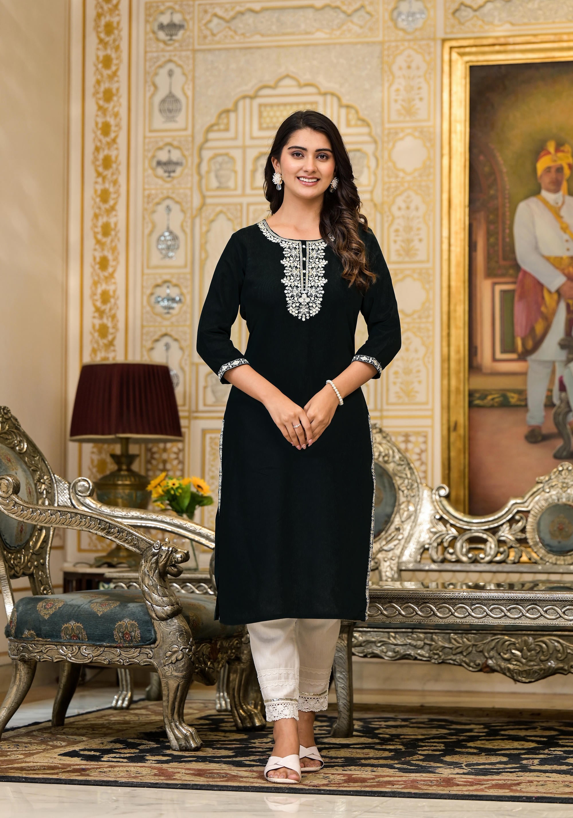 Black Thread Embroidered Rayon Kurta