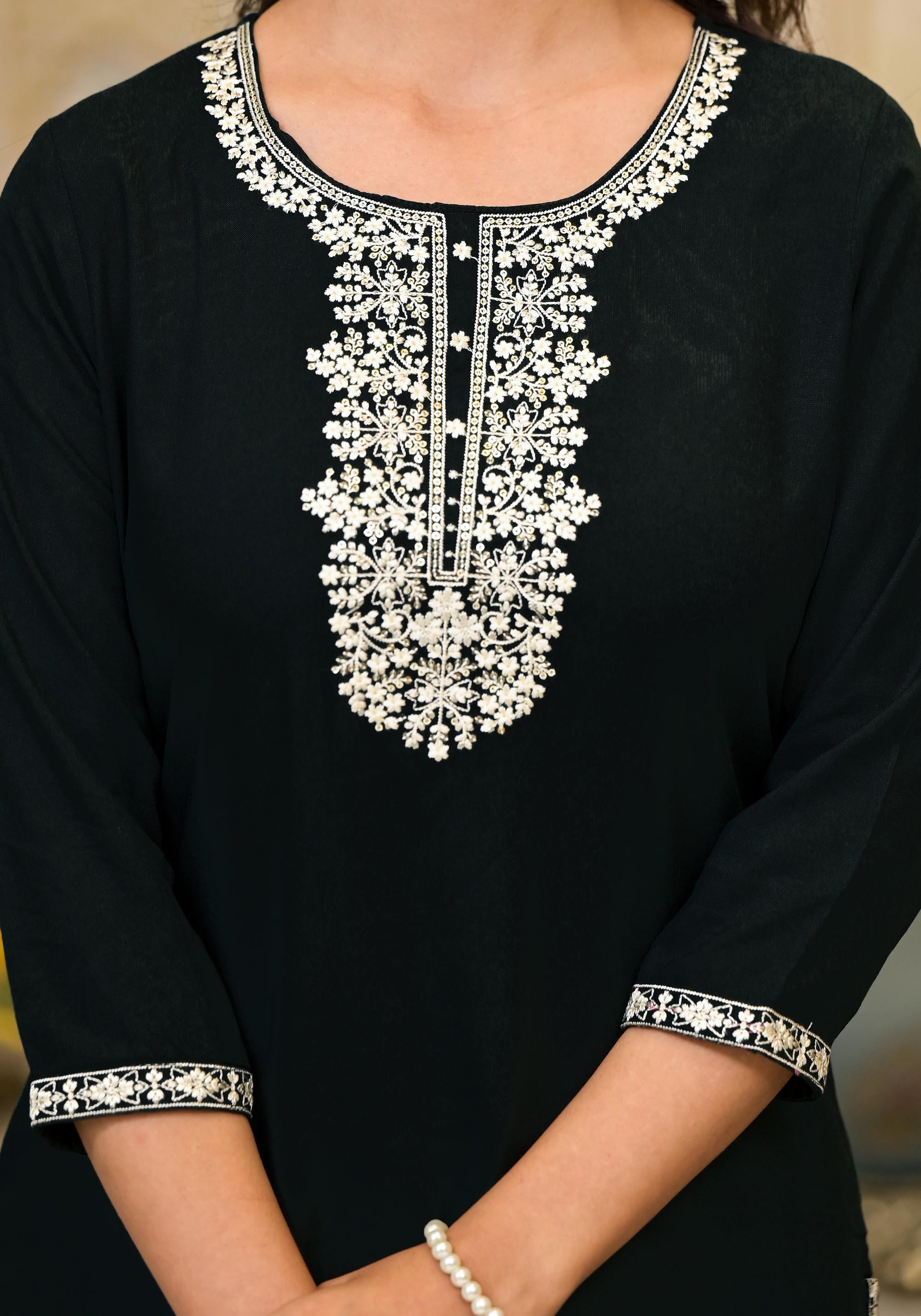 Black Thread Embroidered Rayon Kurta