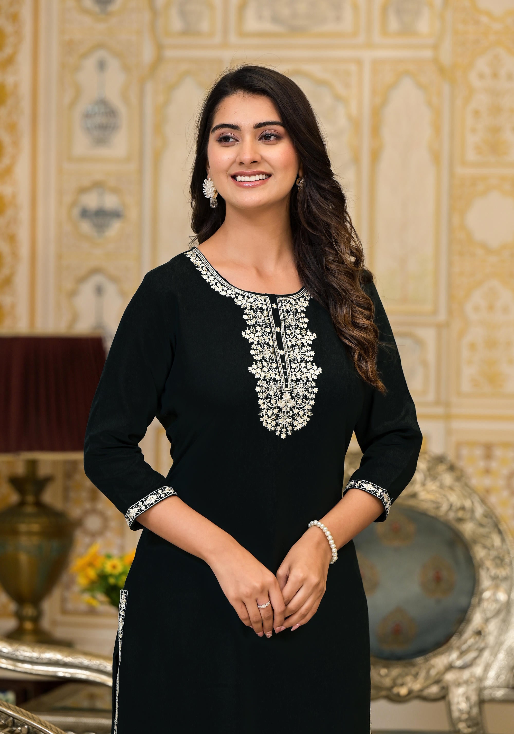 Black Thread Embroidered Rayon Kurta