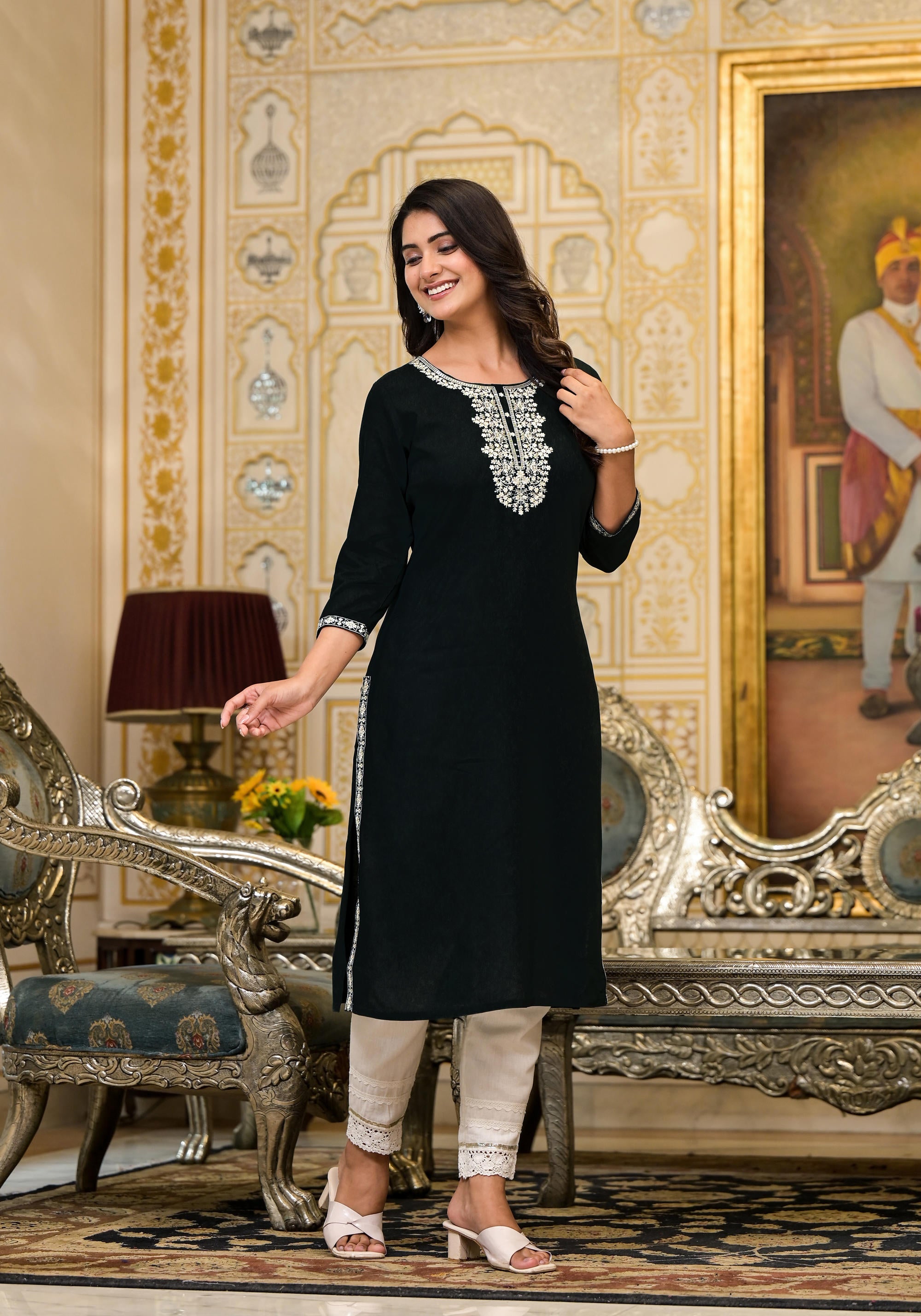 Black Thread Embroidered Rayon Kurta