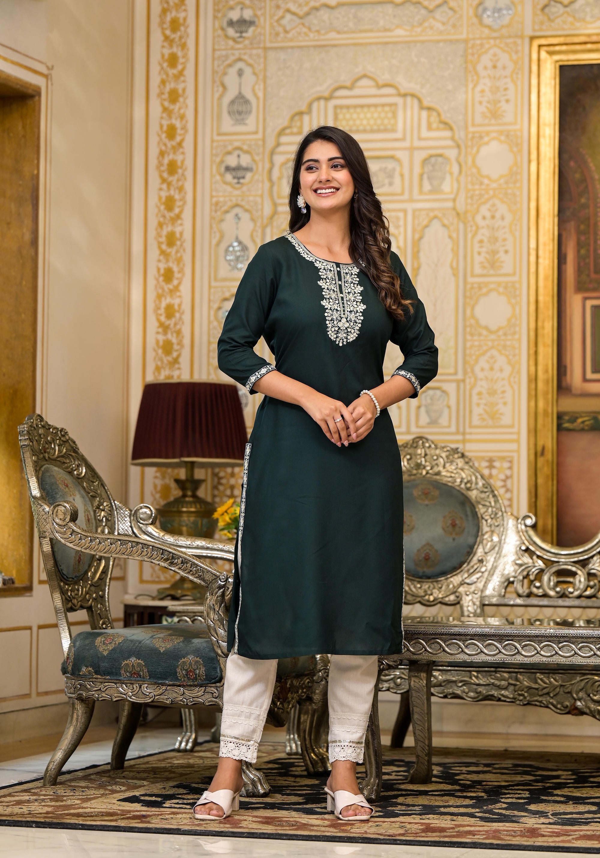 Green Thread Embroidered Rayon Kurta