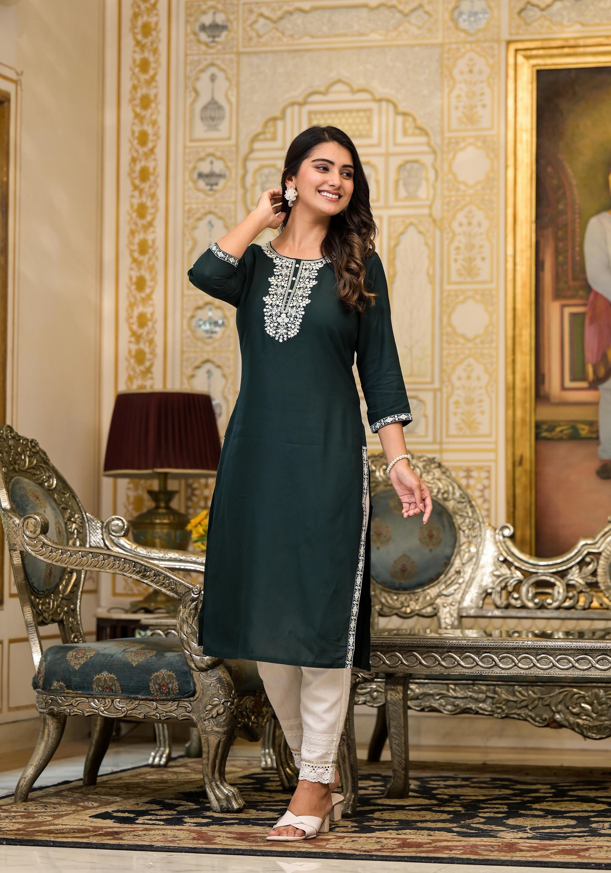 Green Thread Embroidered Rayon Kurta