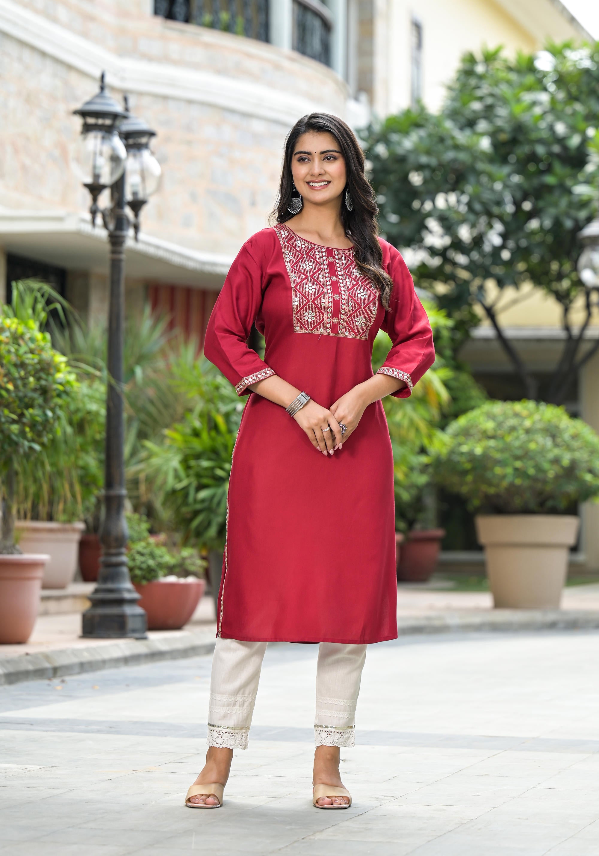 Maroon Solid Rayon Kurti With Mirror Work & Sequins