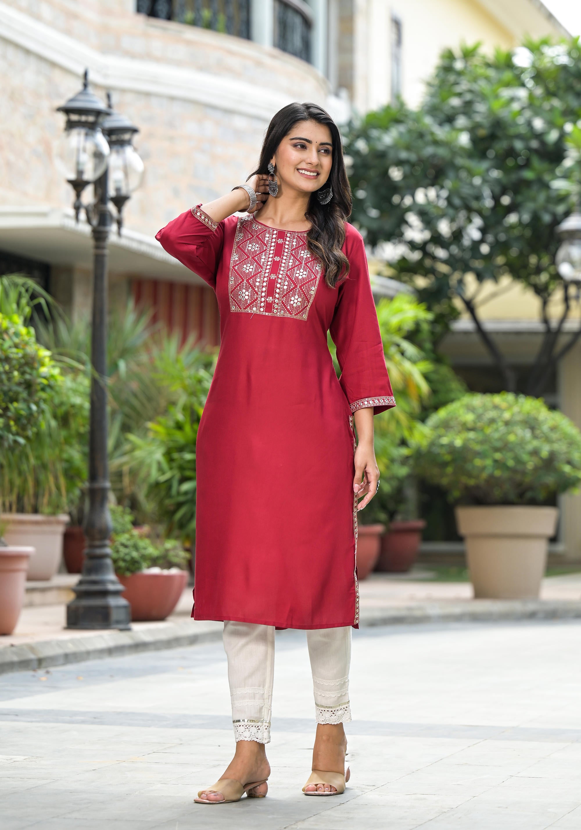 Maroon Solid Rayon Kurti With Mirror Work & Sequins