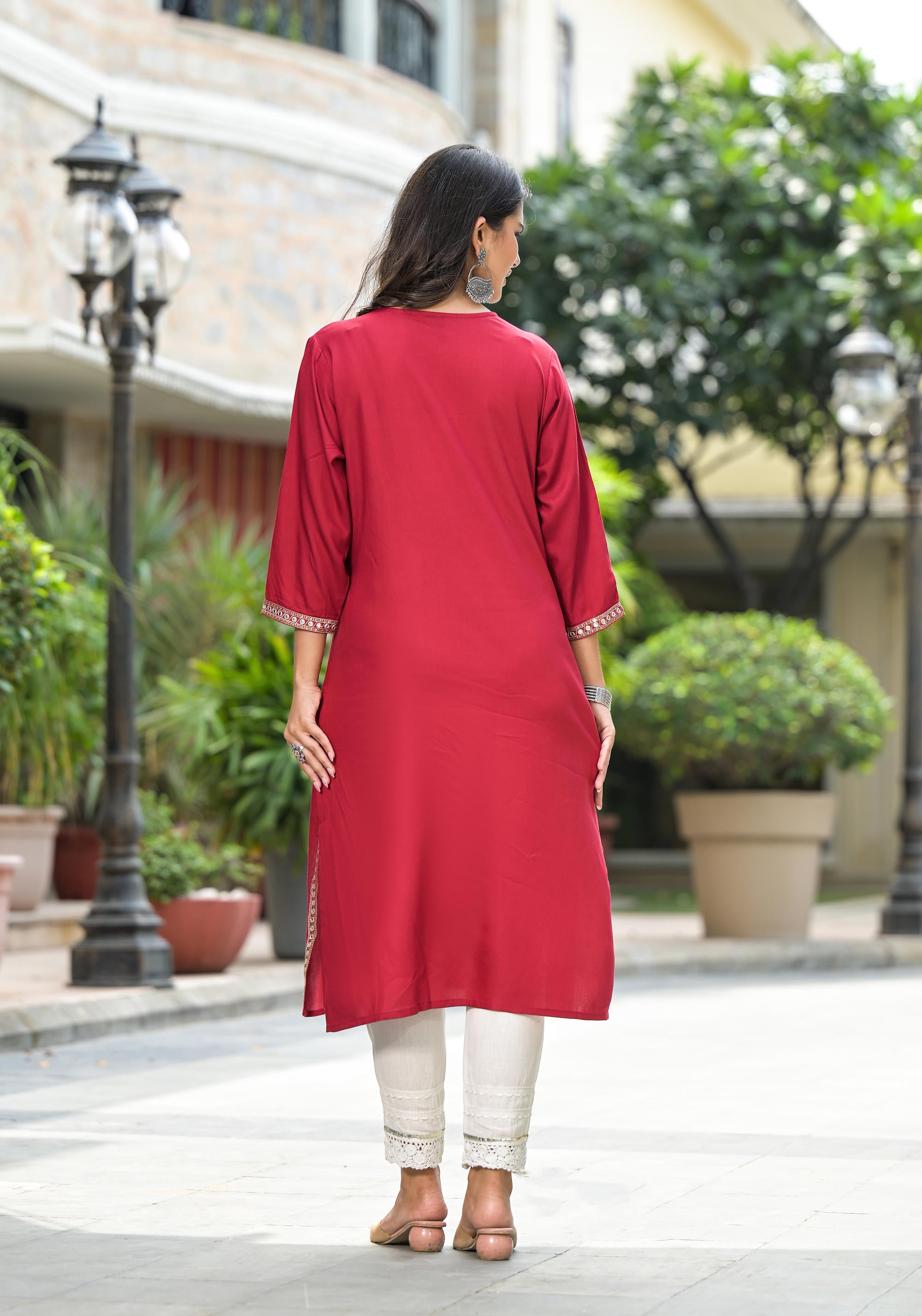 Maroon Solid Rayon Kurti With Mirror Work & Sequins