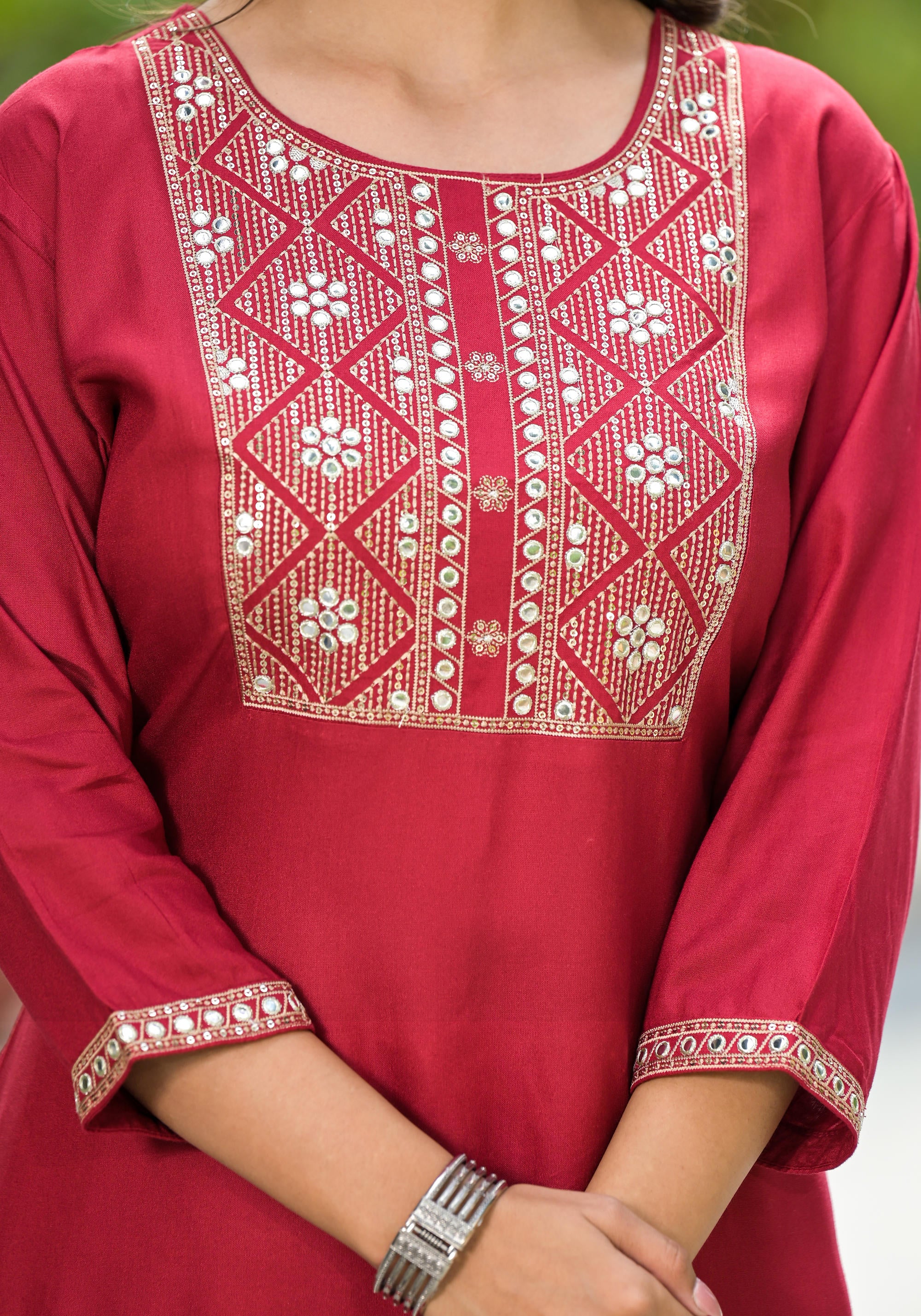 Maroon Solid Rayon Kurti With Mirror Work & Sequins