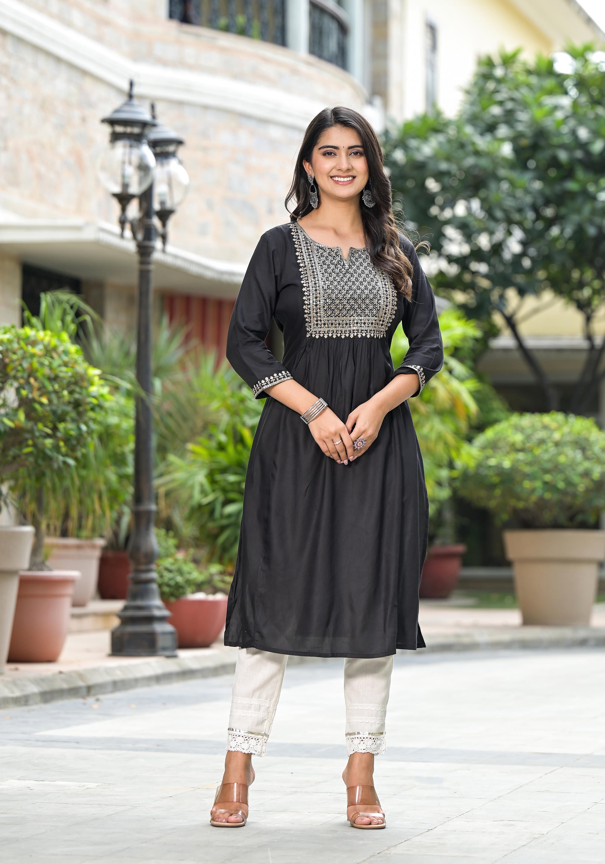 Black Solid Rayon Kurta With Zari & Sequins