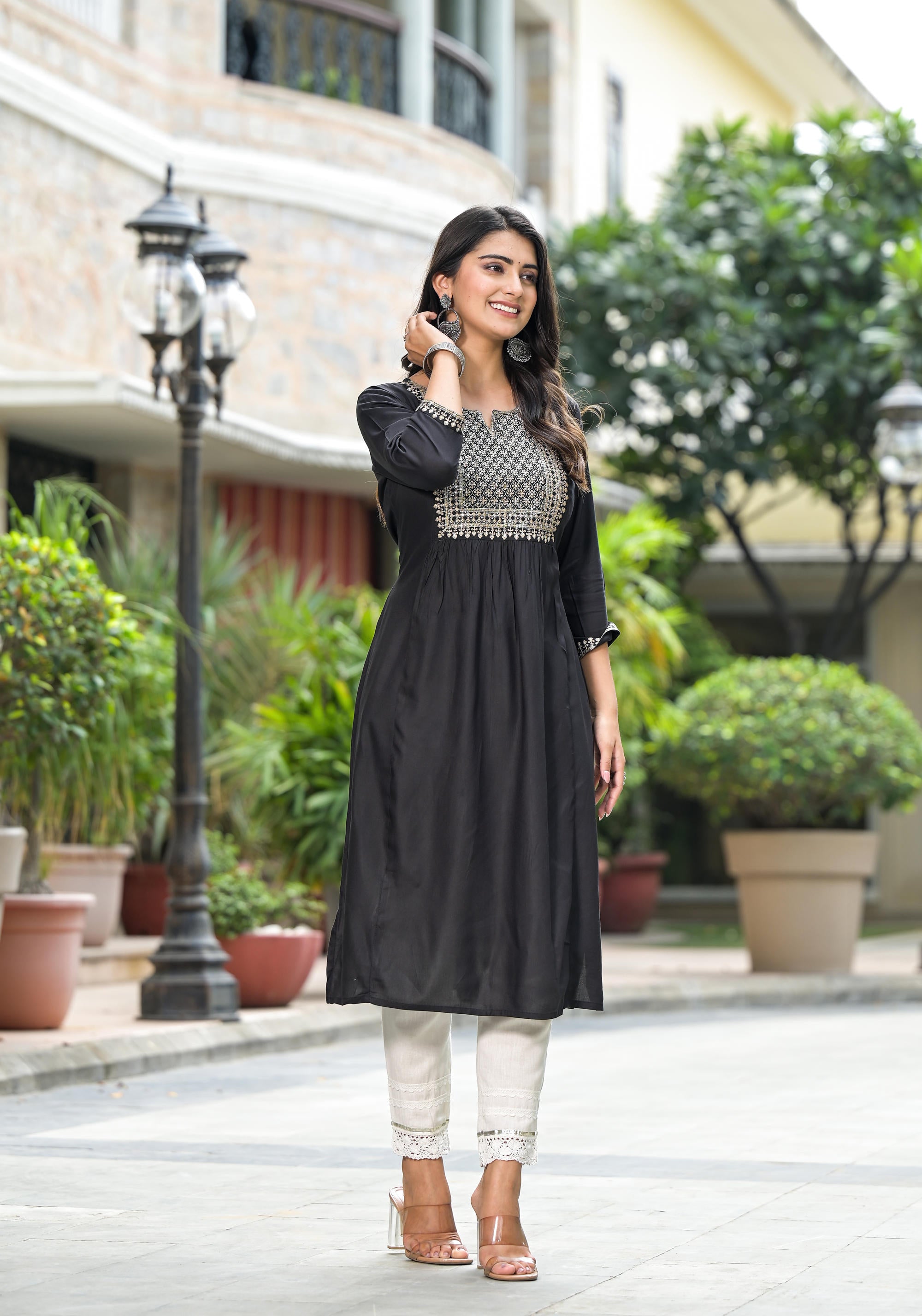 Black Solid Rayon Kurta With Zari & Sequins