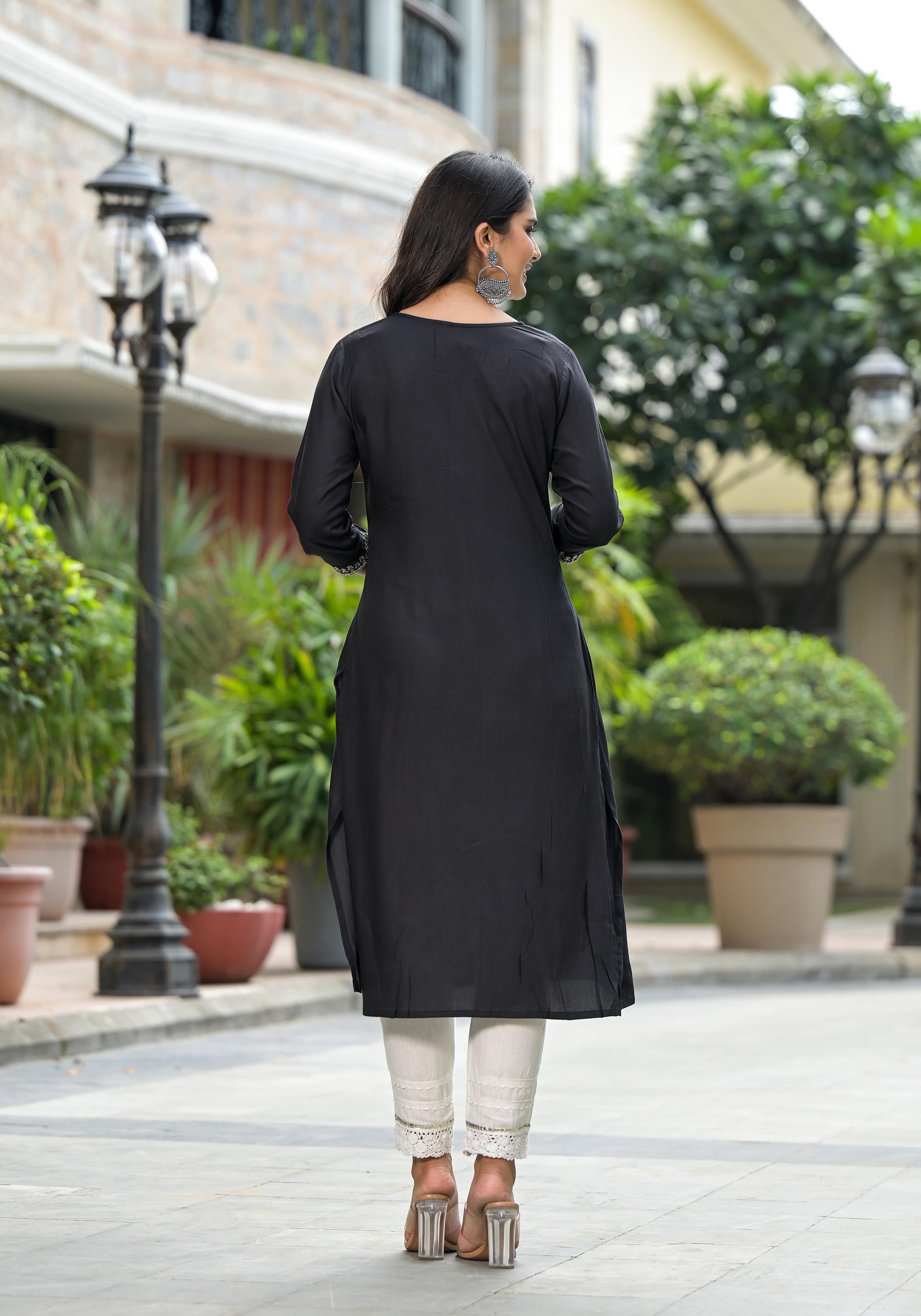 Black Solid Rayon Kurta With Zari & Sequins