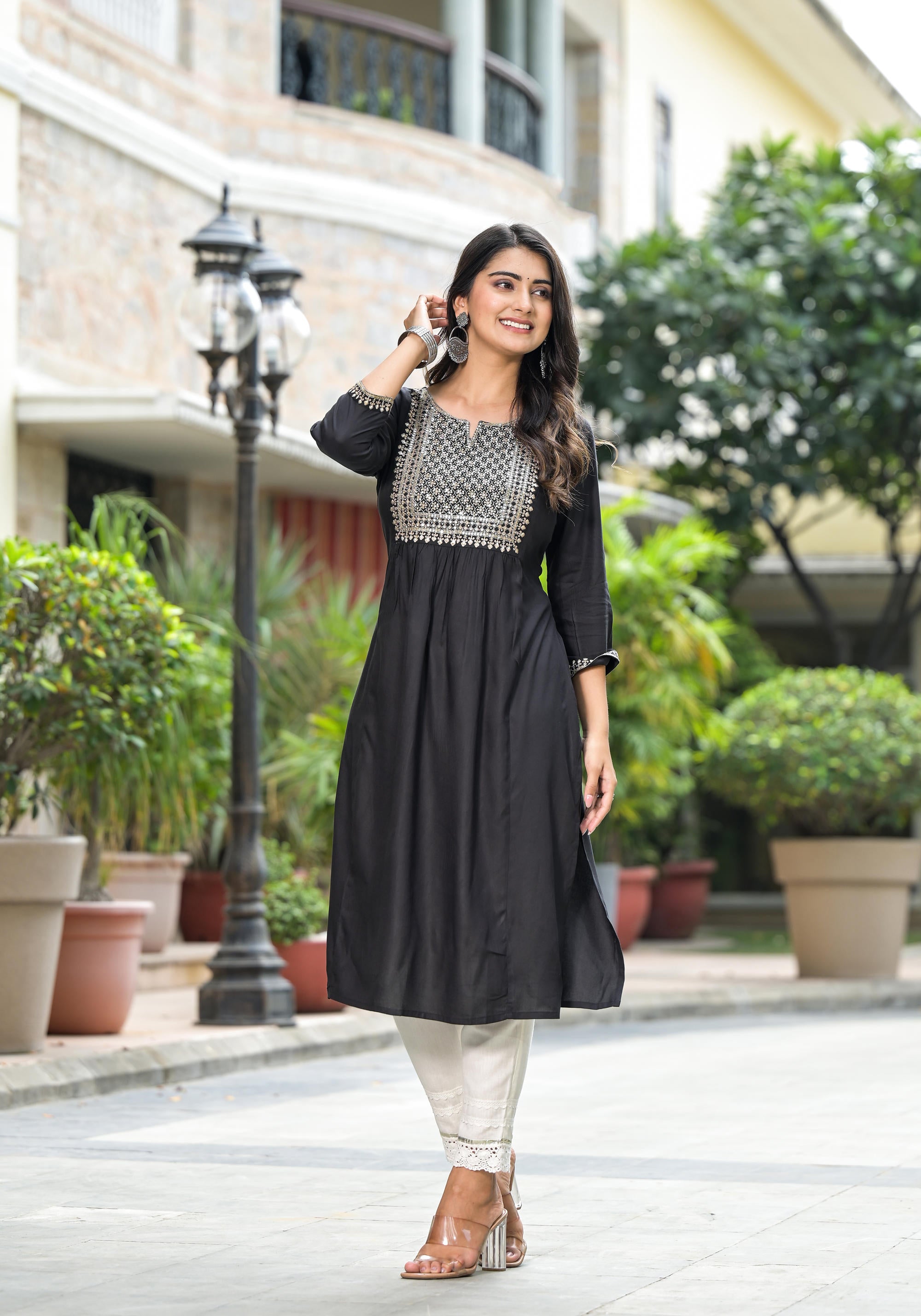 Black Solid Rayon Kurta With Zari & Sequins