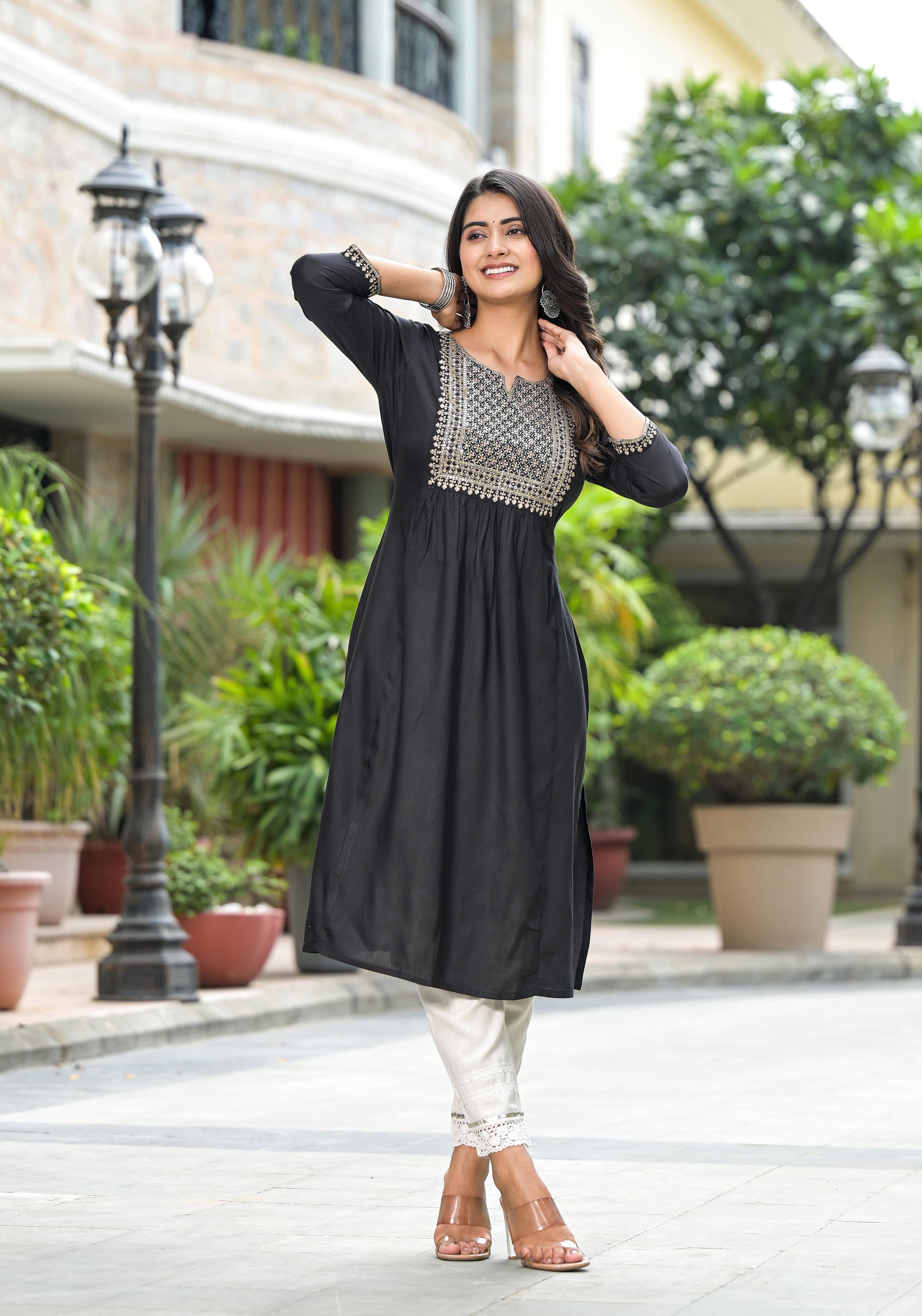 Black Solid Rayon Kurta With Zari & Sequins