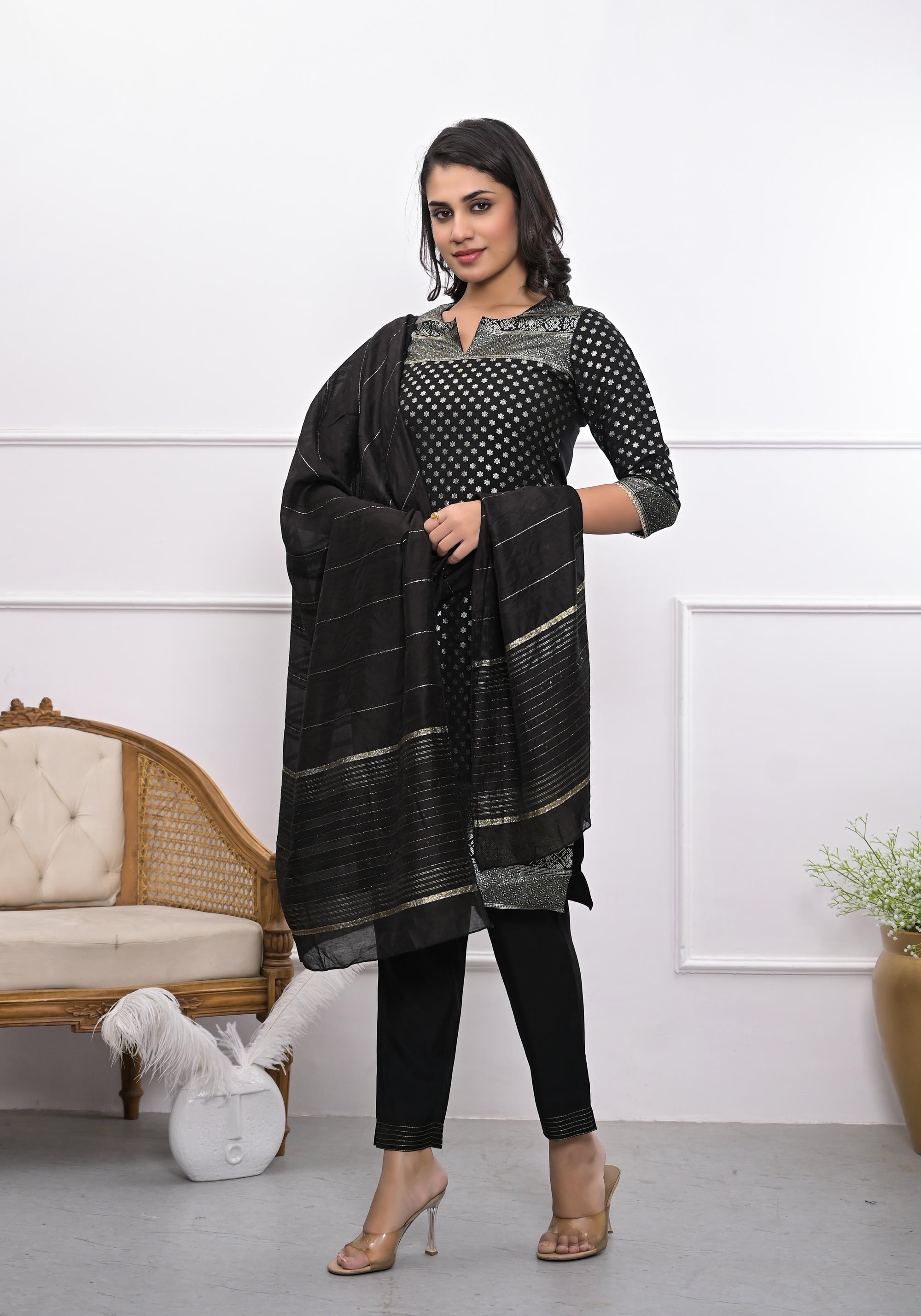 Black Ethnic Motif Printed Silk Kurta Set With Zari Work