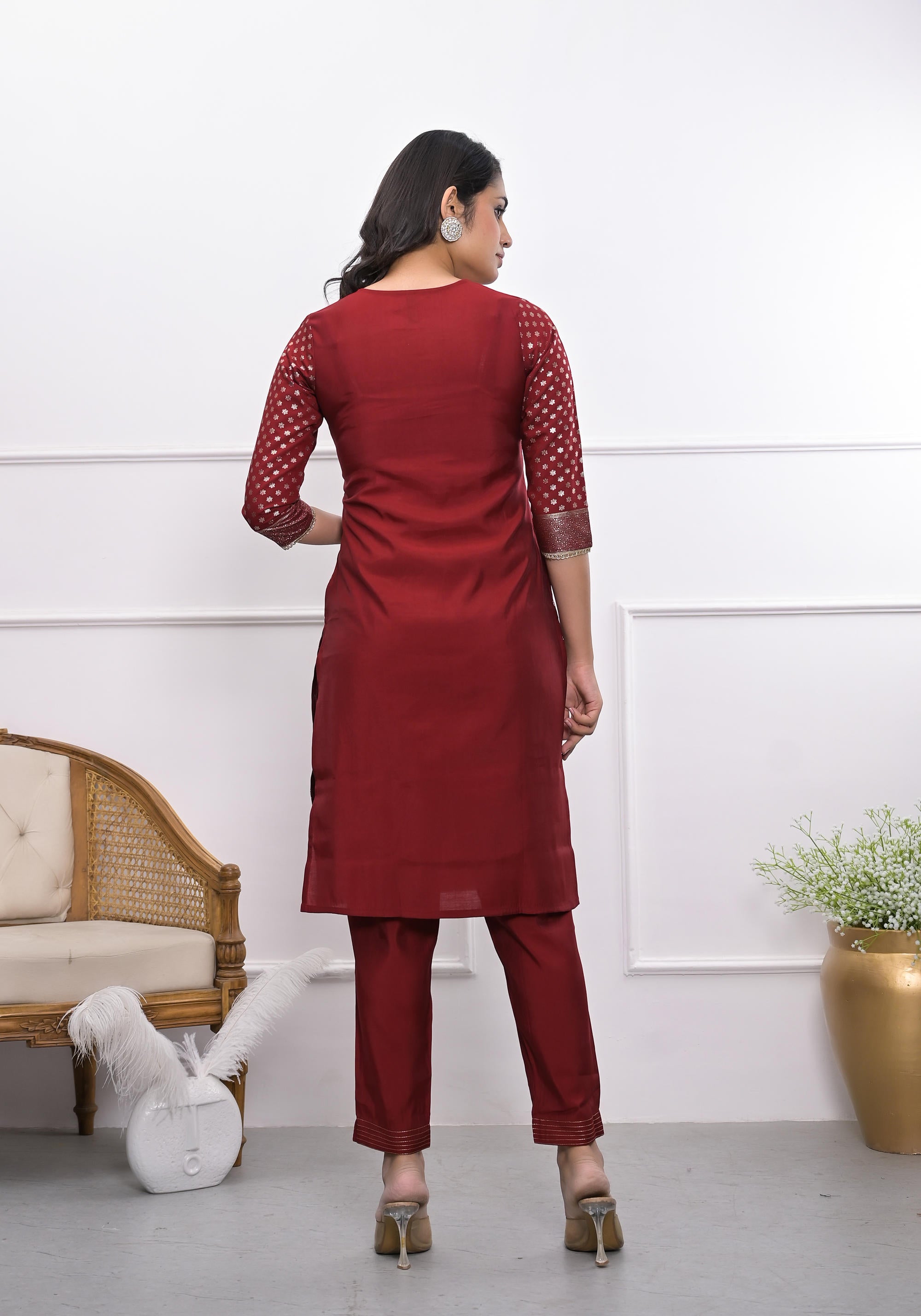 Maroon Ethnic Motif Printed Silk Kurta Set With Zari Work