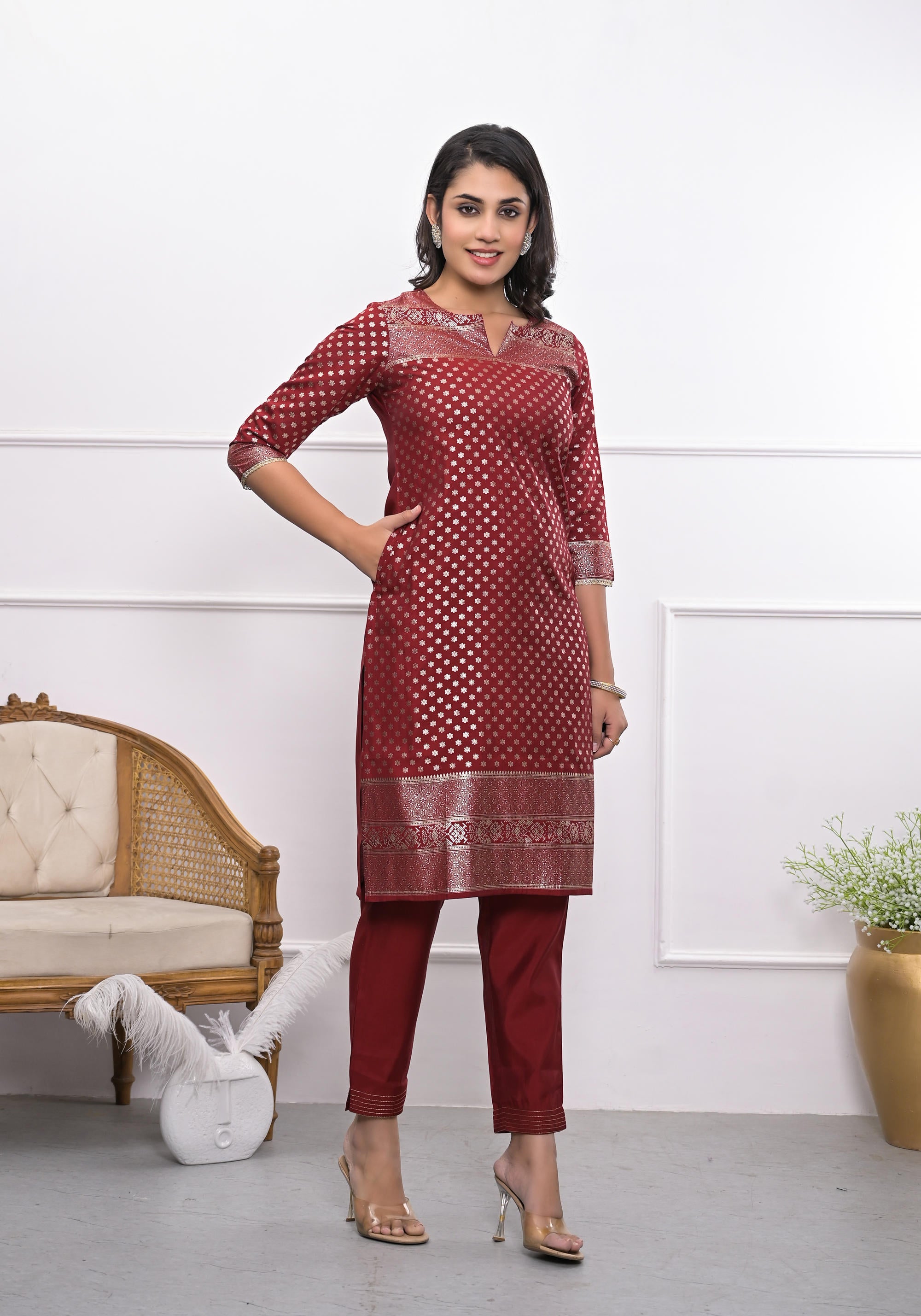 Maroon Ethnic Motif Printed Silk Kurta Set With Zari Work