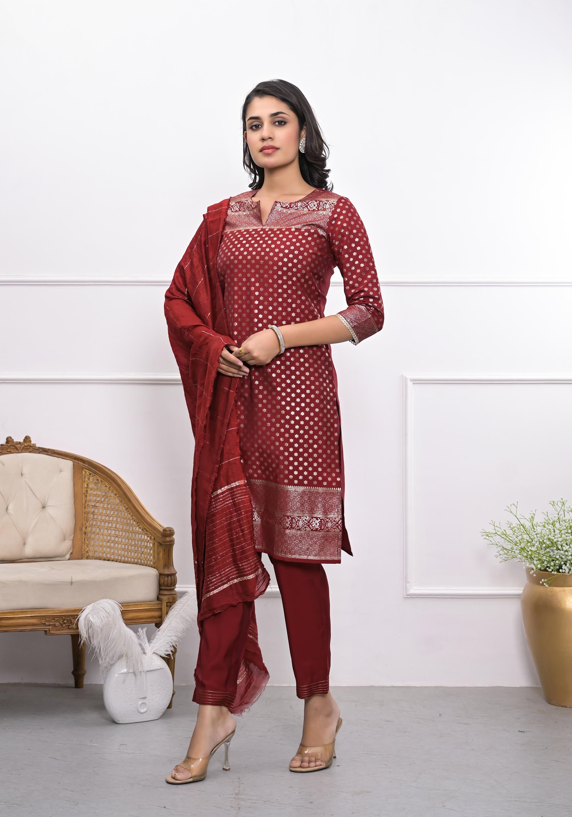 Maroon Ethnic Motif Printed Silk Kurta Set With Zari Work