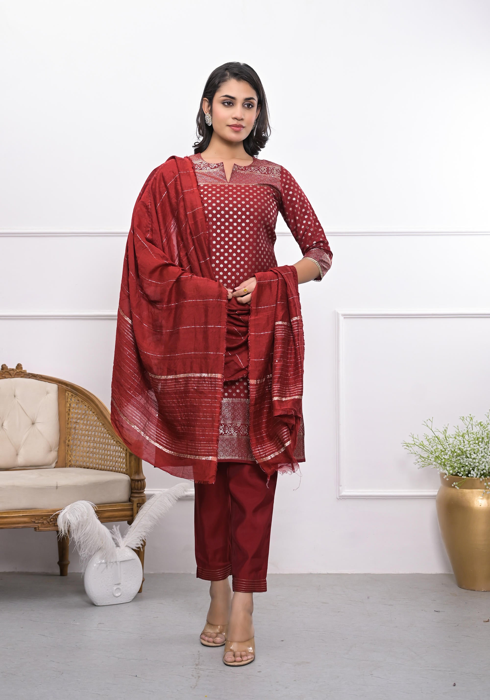 Maroon Ethnic Motif Printed Silk Kurta Set With Zari Work