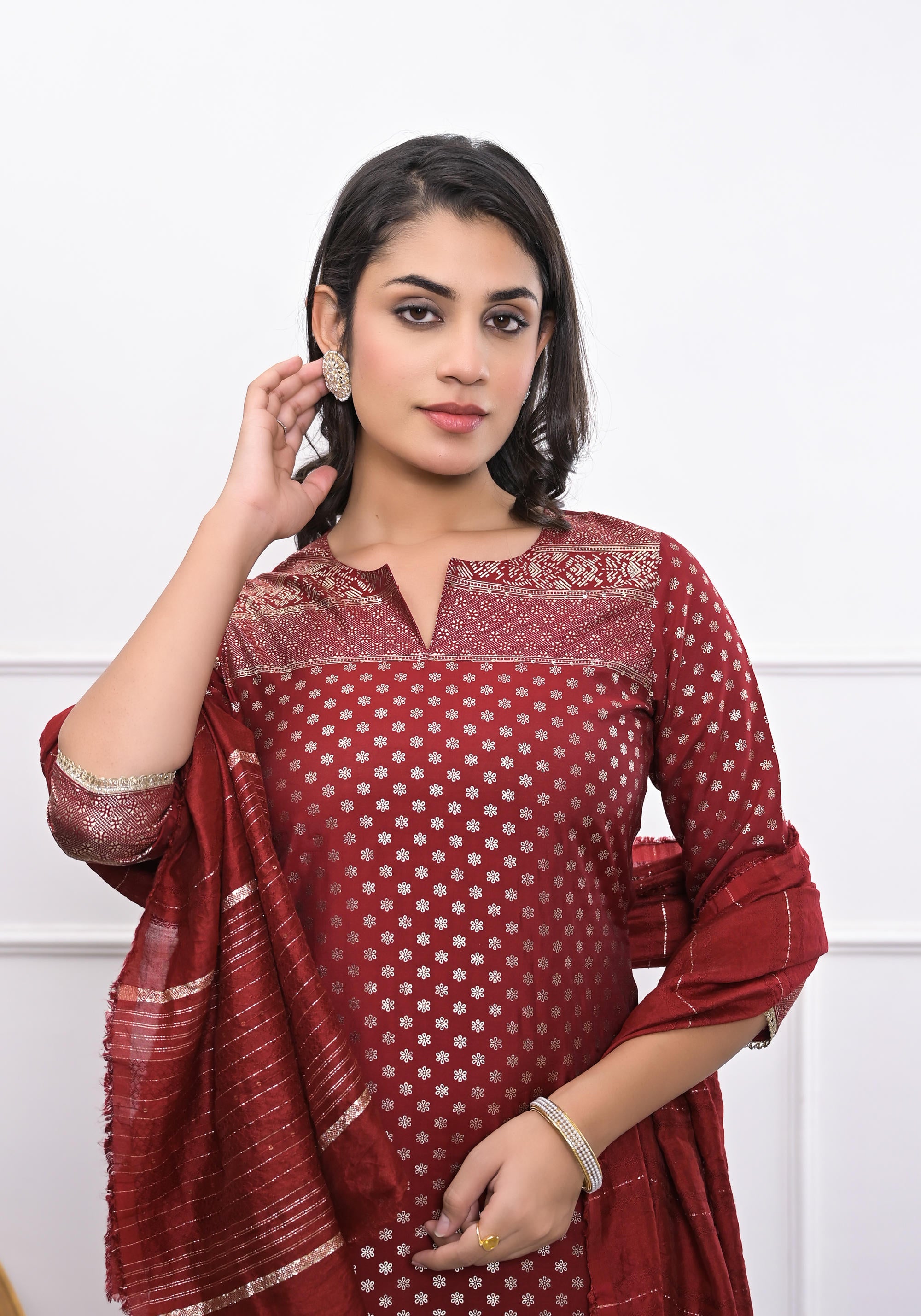 Maroon Ethnic Motif Printed Silk Kurta Set With Zari Work