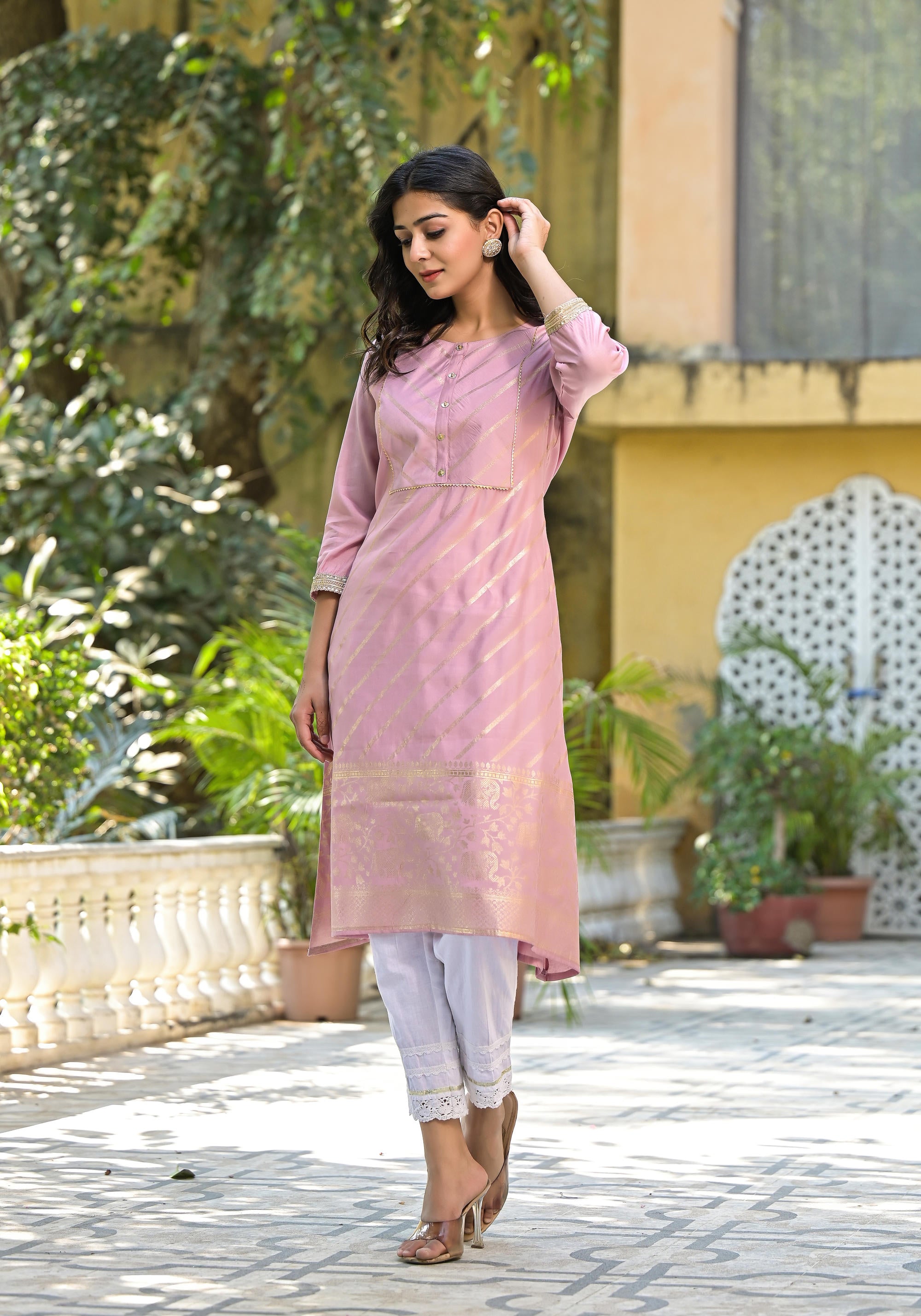 Pink Floral Printed A-Line Tusser Silk Kurta