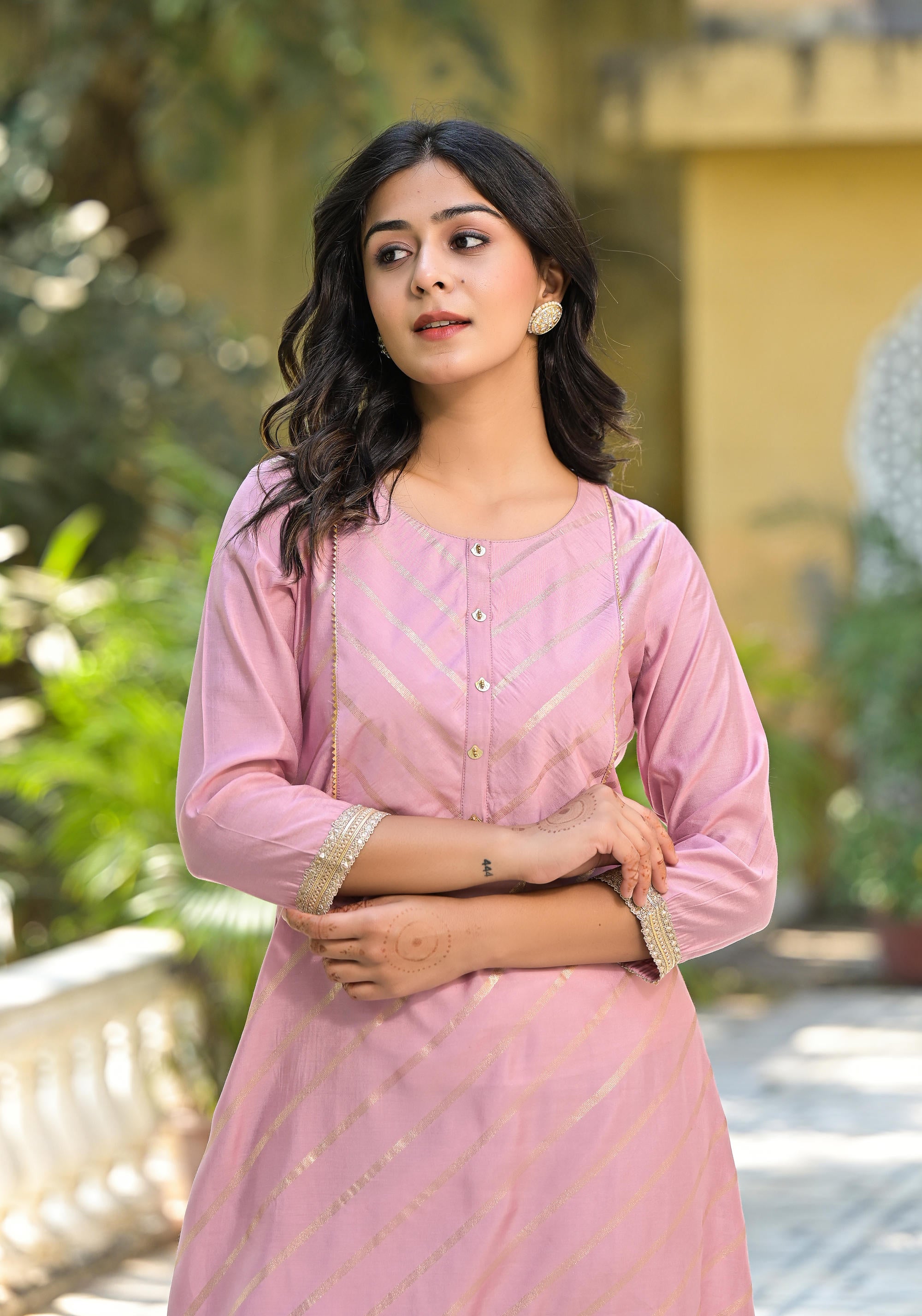 Pink Floral Printed A-Line Tusser Silk Kurta