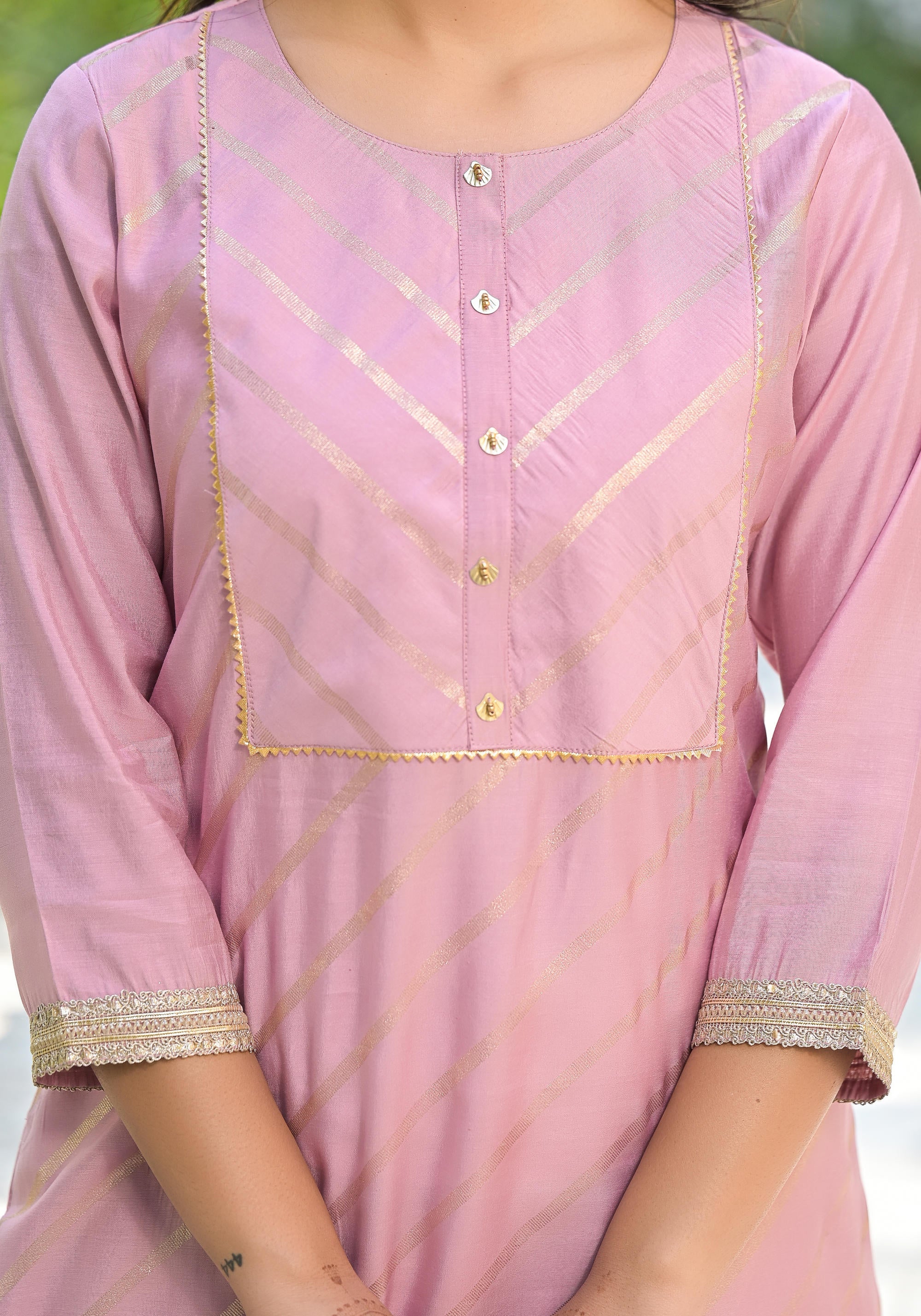 Pink Floral Printed A-Line Tusser Silk Kurta