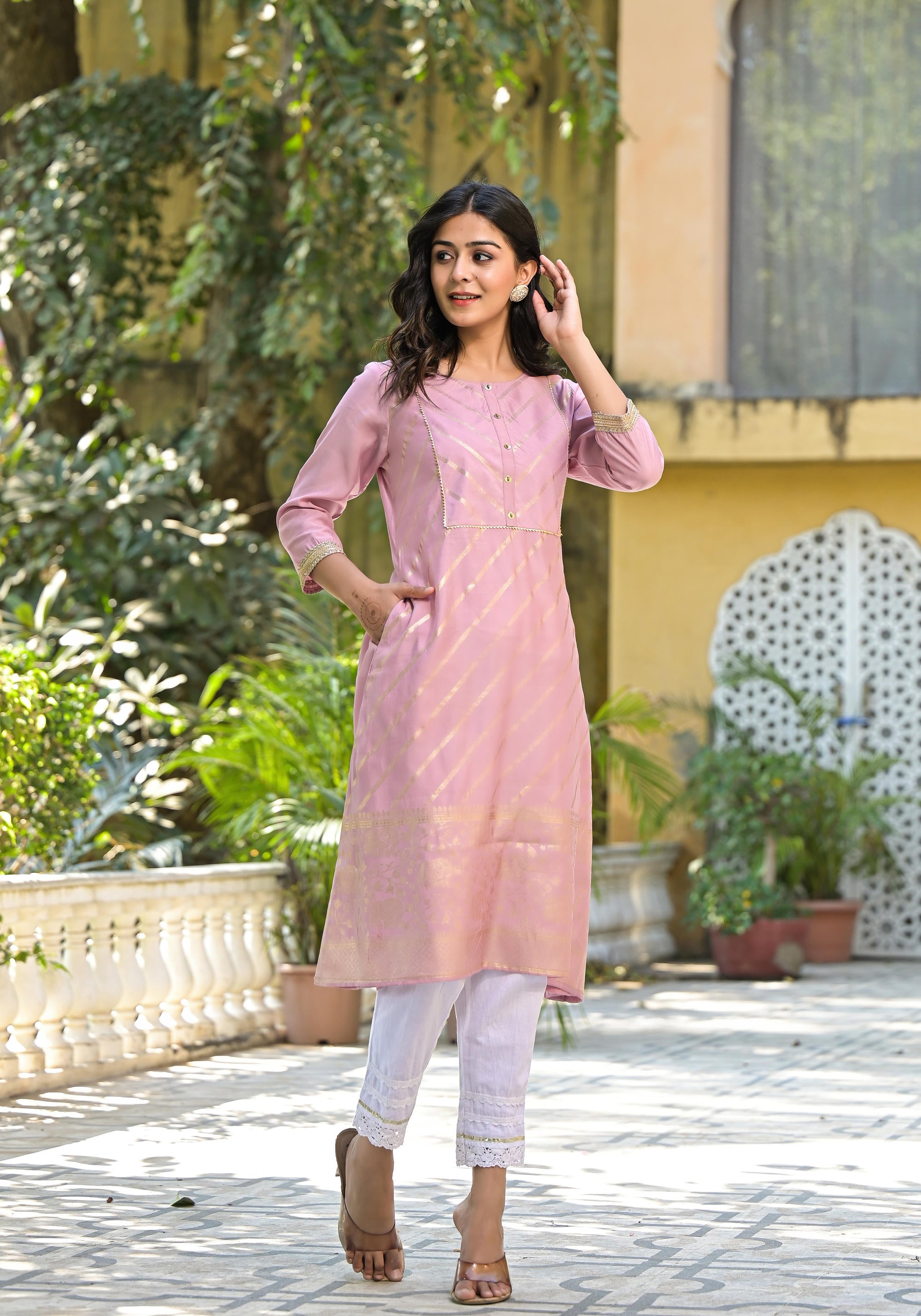 Pink Floral Printed A-Line Tusser Silk Kurta